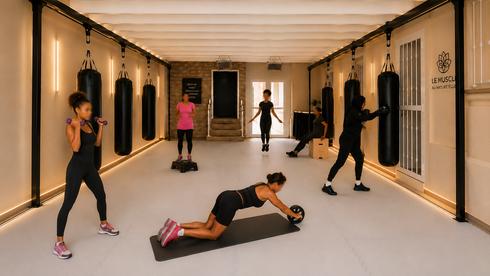 Séance de coaching en petit groupe au Muscle Au Natur'Elles, avec des femmes réalisant des exercices de renforcement musculaire, de gainage et de kick-boxing dans une salle dédiée au bien-être féminin.