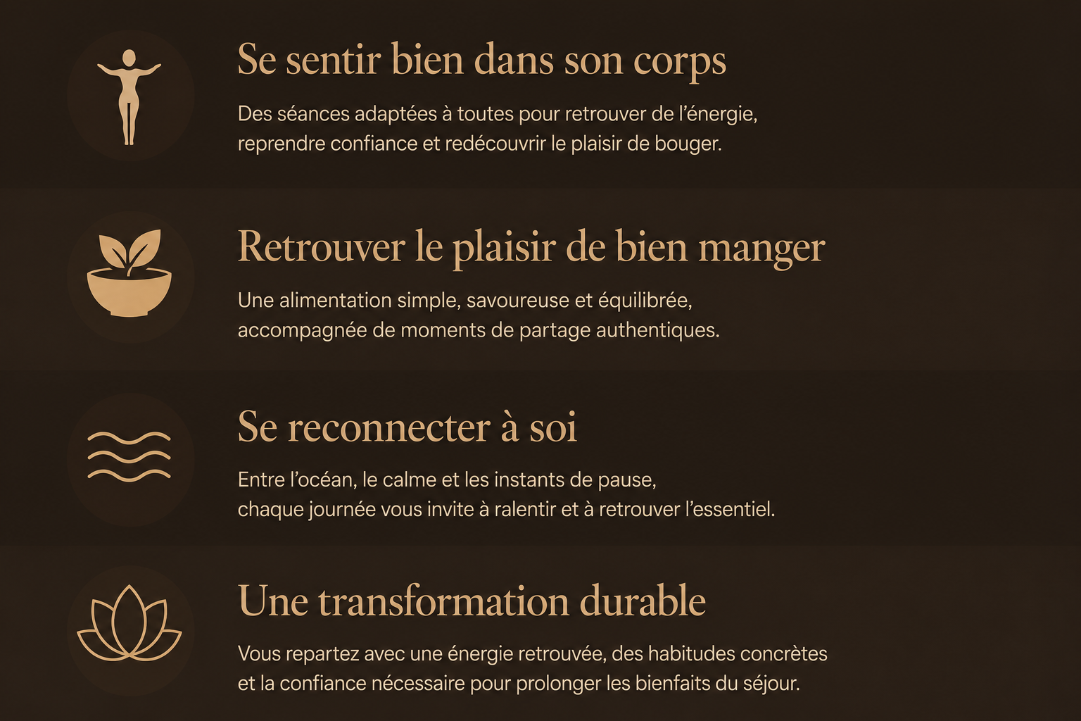 Illustration présentant les quatre piliers de l'expérience Le Muscle Au Natur'Elles : retrouver l'énergie, le plaisir de bien manger, se reconnecter à soi et construire une transformation durable.