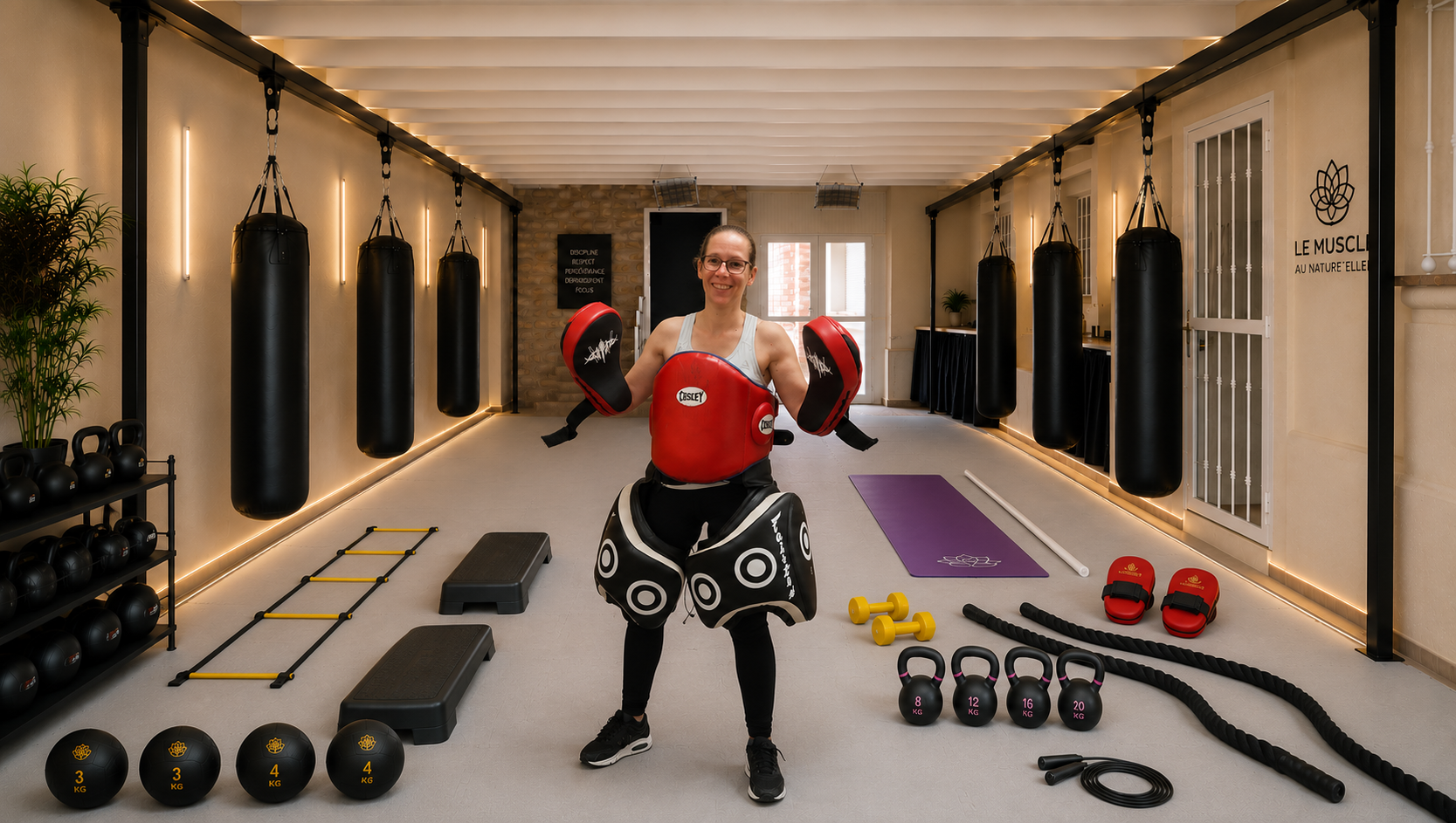 Projection de la salle de kick-boxing du Muscle Au Natur'Elles avec tatami, sacs de frappe et espace d'entraînement.