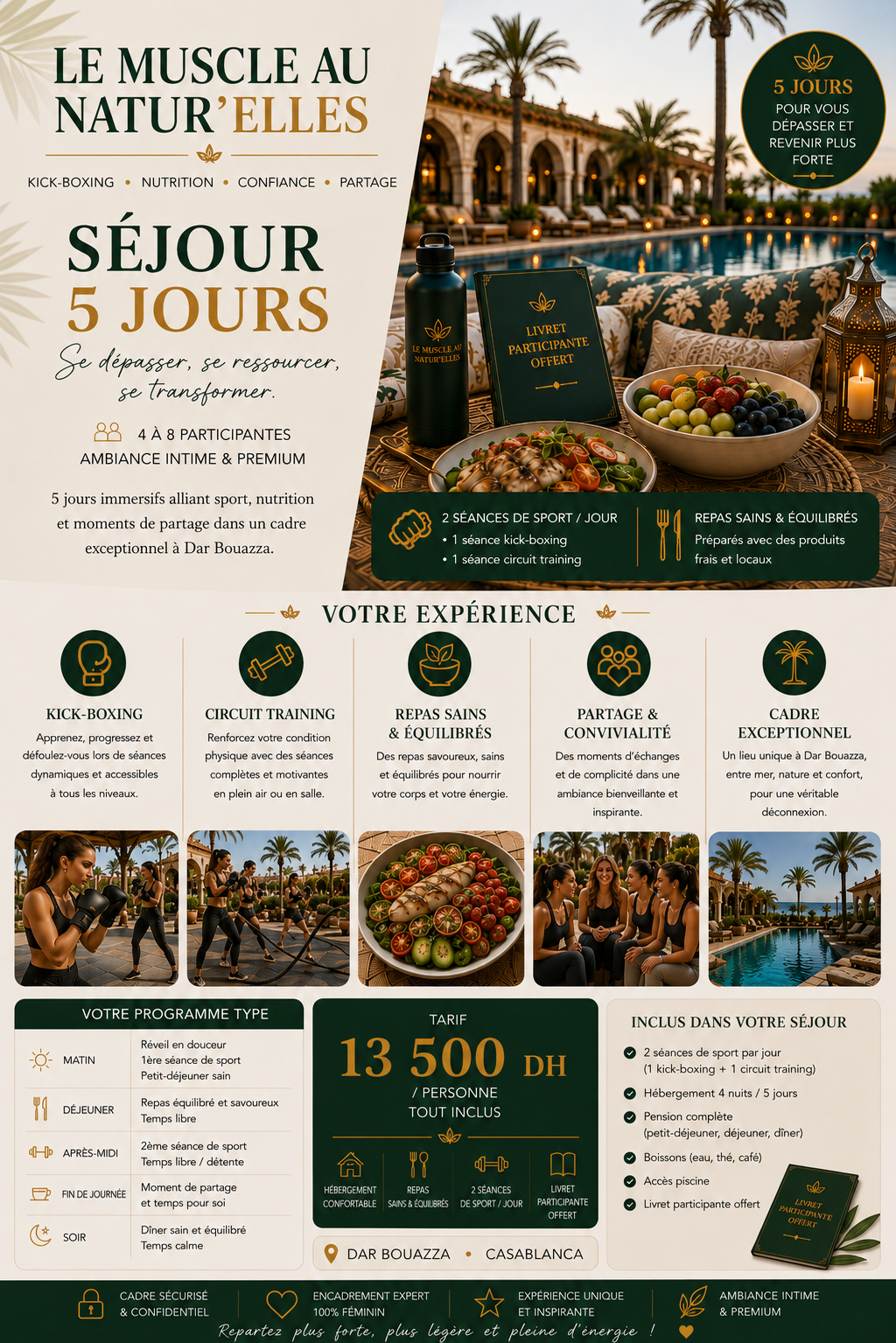 Séjour Signature 5 jours au Muscle au Natur'Elles — 13 500 DH, kick-boxing, bien-être, nutrition, récupération et hébergement premium à Dar Bouazza, dans un cadre réservé aux femmes