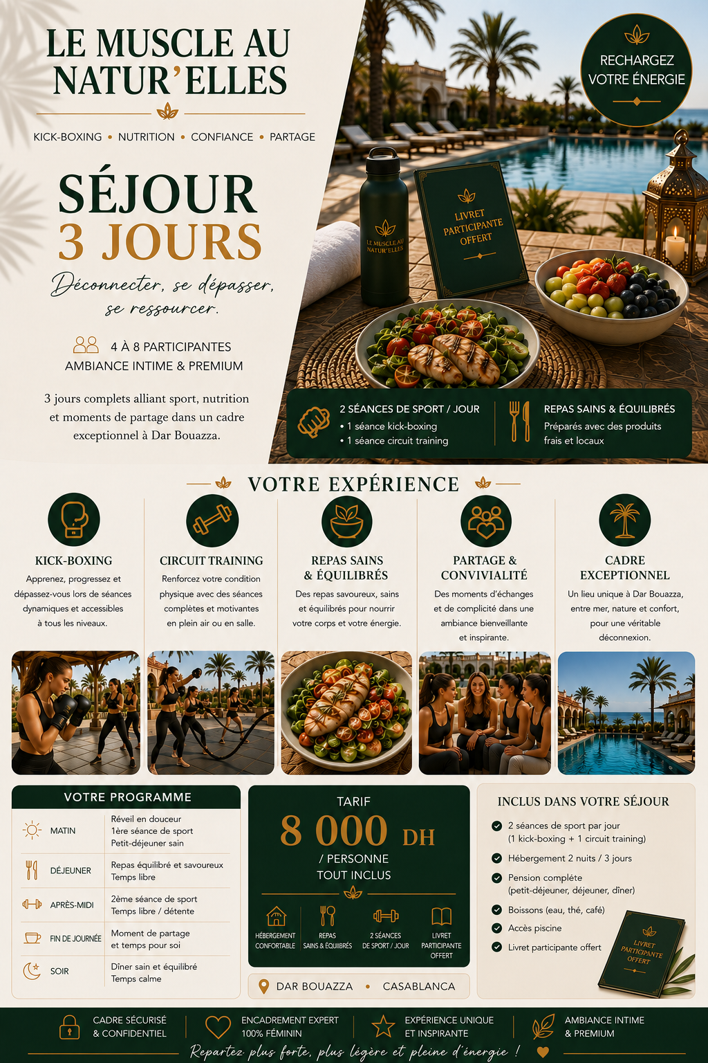 Séjour Signature 3 jours au Muscle au Natur'Elles — 8 000 DH, kick-boxing, bien-être, nutrition et reconnexion à soi à Dar Bouazza, dans un cadre réservé aux femmes.