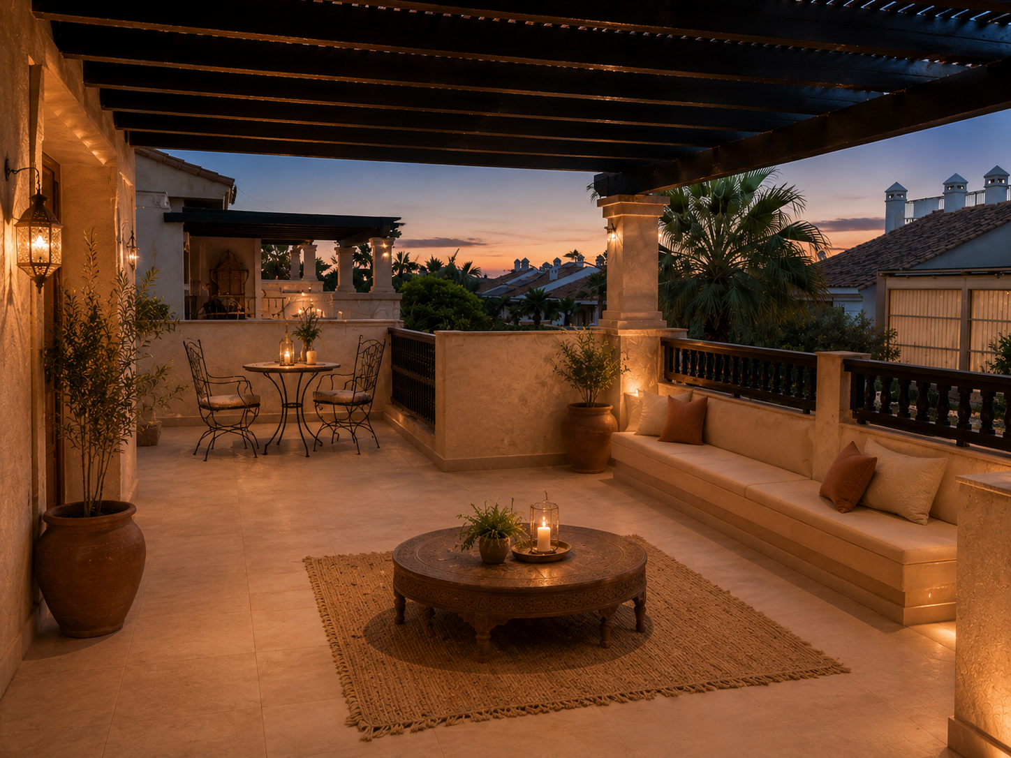 Terrasse extérieure de la villa du Muscle Au Natur'Elles à Dar Bouazza, aménagée pour les moments de détente, de partage et de bien-être au coucher du soleil.