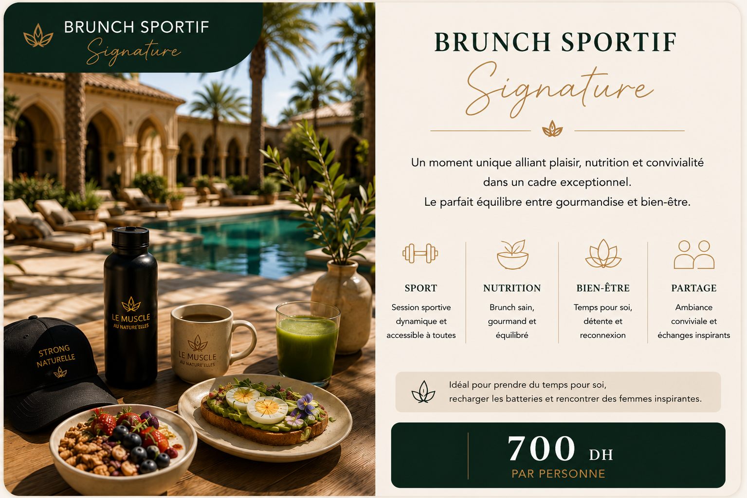 Brunch Sportif Signature au Muscle au Natur'Elles — 700 DH, alimentation saine, bien-être et convivialité.