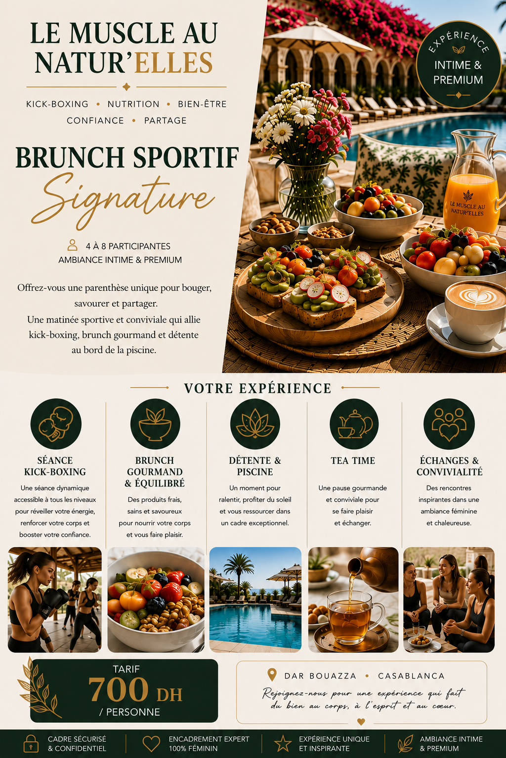 Brunch Sportif Signature au Muscle au Natur'Elles — 700 DH, activité physique et alimentation saine dans un moment convivial à Dar Bouazza.