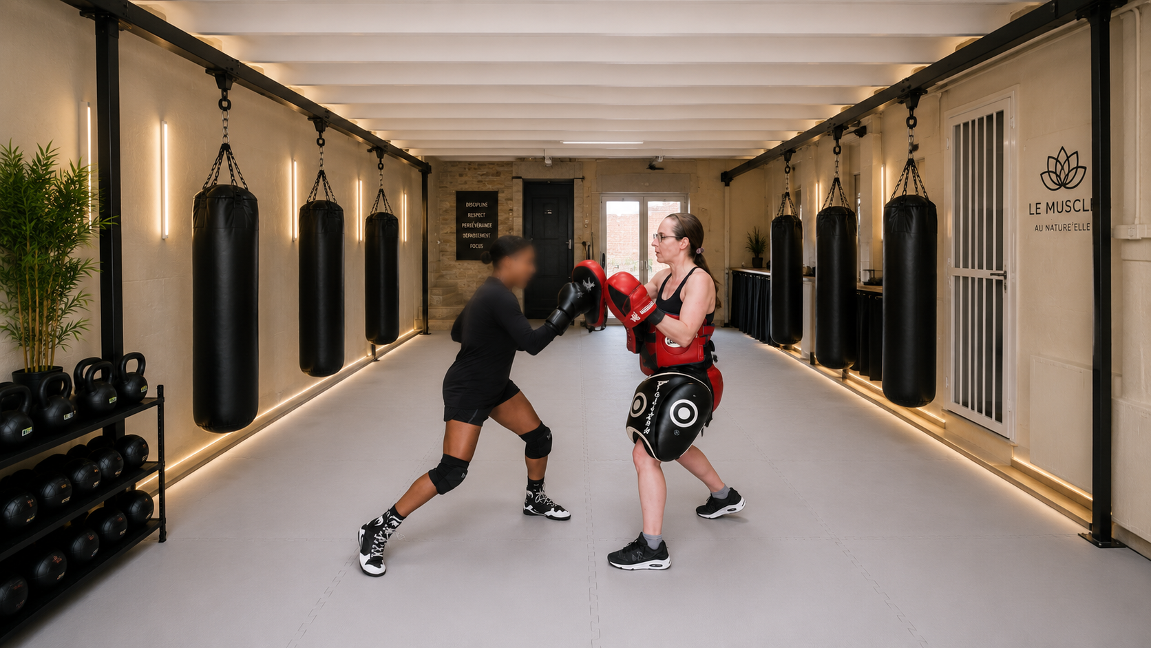 Johanna Sebille encadre une séance de kick-boxing avec une cliente au Muscle Au Natur'Elles à Dar Bouazza, dans un accompagnement personnalisé alliant technique, confiance en soi et bien-être.