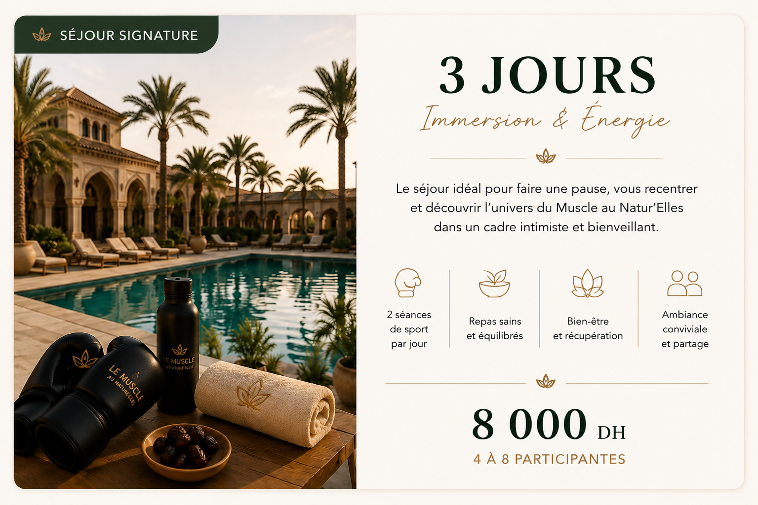 Séjour Signature 3 jours au Muscle au Natur'Elles — 8 000 DH, kick-boxing, bien-être, nutrition et détente à Dar Bouazza.
