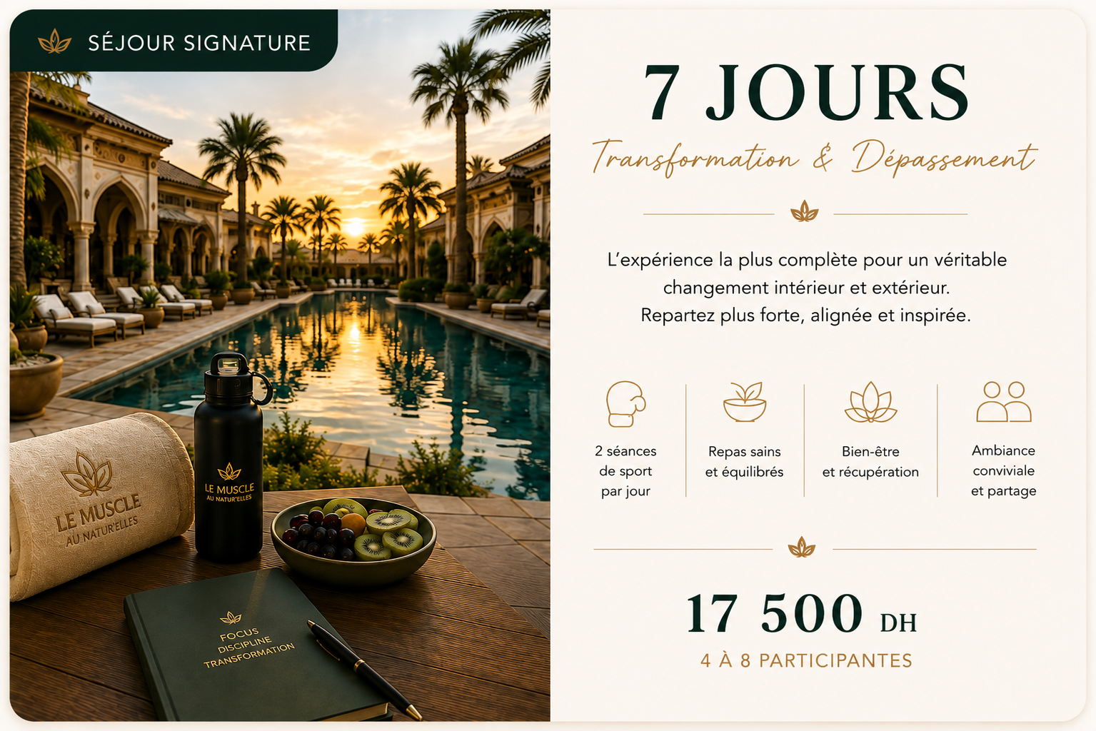 Séjour Signature 7 jours au Muscle au Natur'Elles — 17 500 DH, kick-boxing, bien-être et transformation personnelle.