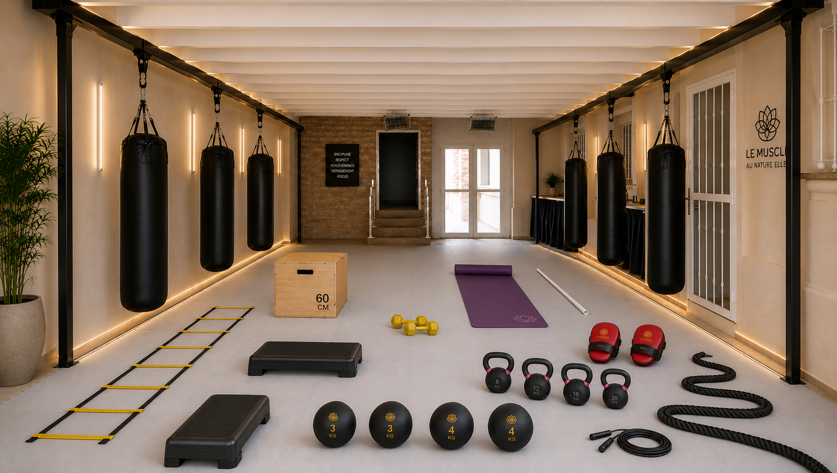 Salle d'entraînement de kick-boxing et de préparation physique du Muscle Au Natur'Elles à Dar Bouazza, équipée de sacs de frappe, kettlebells, tapis et matériel de renforcement musculaire.