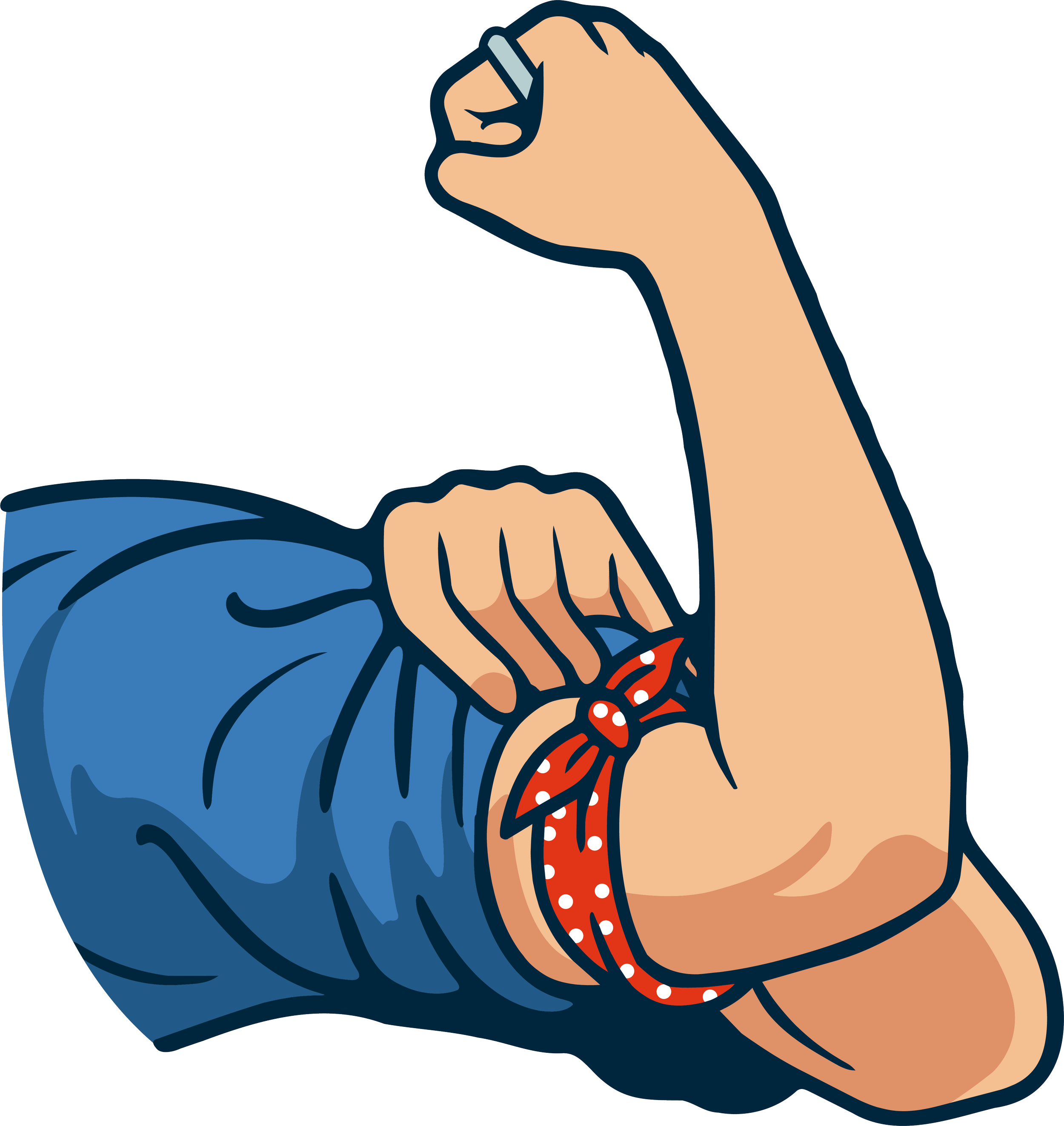 A cartoon illustration of a woman with blue hair, flexing her bicep muscle in a pose of strength and empowerment, wearing a red polka dot top.