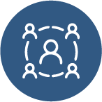Icon of a person with connected circles around, representing social or network connection.