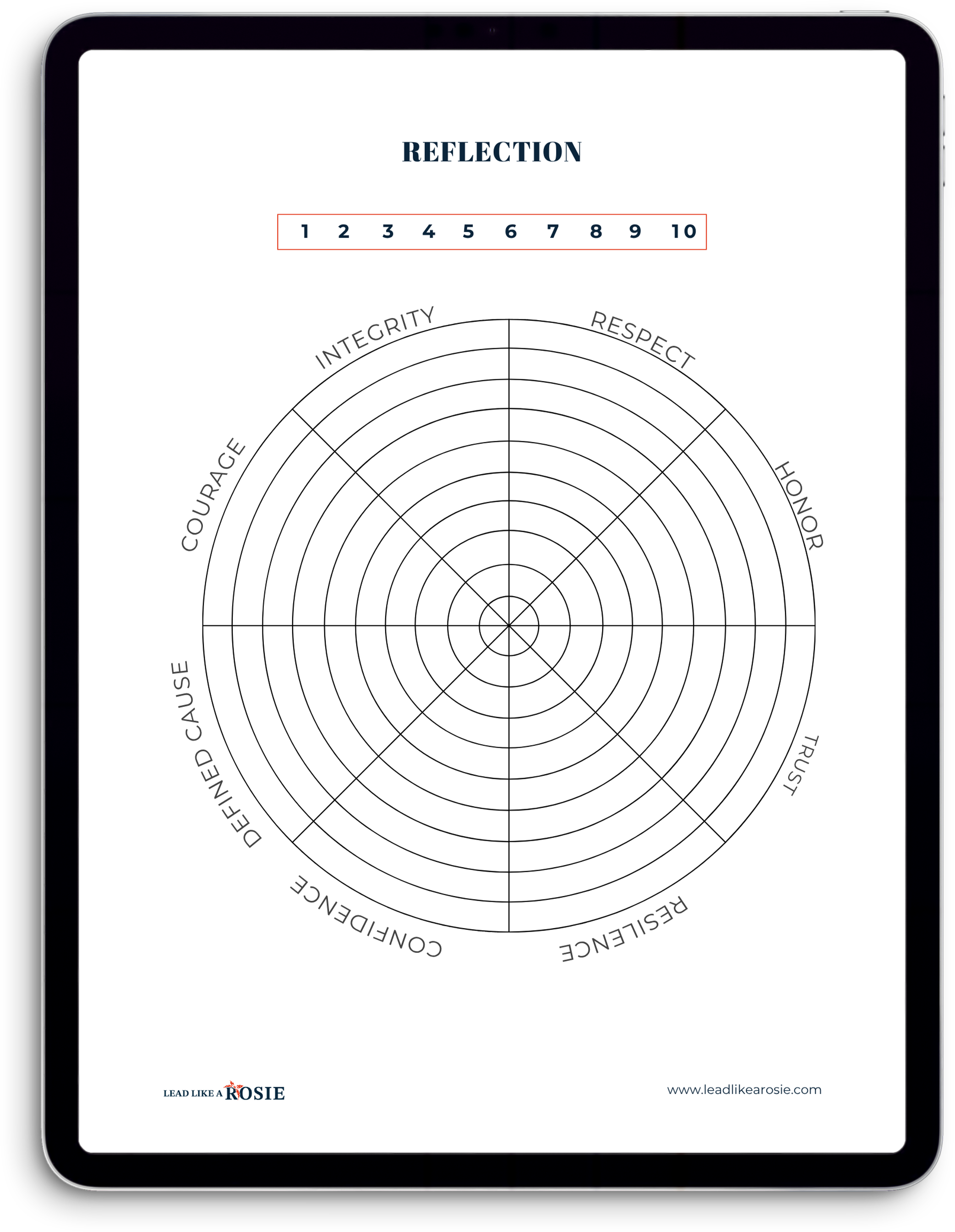 A digital device screen displaying a worksheet titled 'Reflections' with a 10-point scale and a circular diagram with sections labeled 'Courage,' 'Integrity,' 'Respect,' 'Honour,' 'Trust,' 'Transparency,' 'Kindness,' 'Compassion,' 'Resilience,' and 'Acceptance.' The bottom left corner has the phrase 'Lead Like a Rosie' and a website address 'www.leadlikearosie.com'.