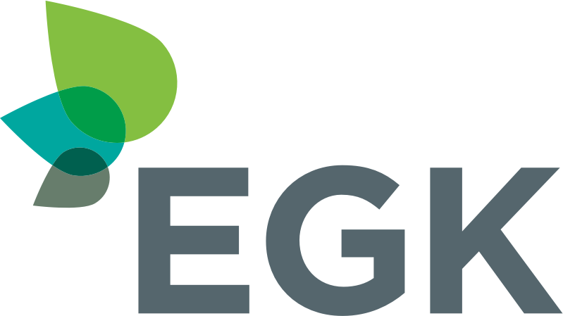Logo mit grünen, blauen und grauen Elementen und dem Text 'EGK' in Grau