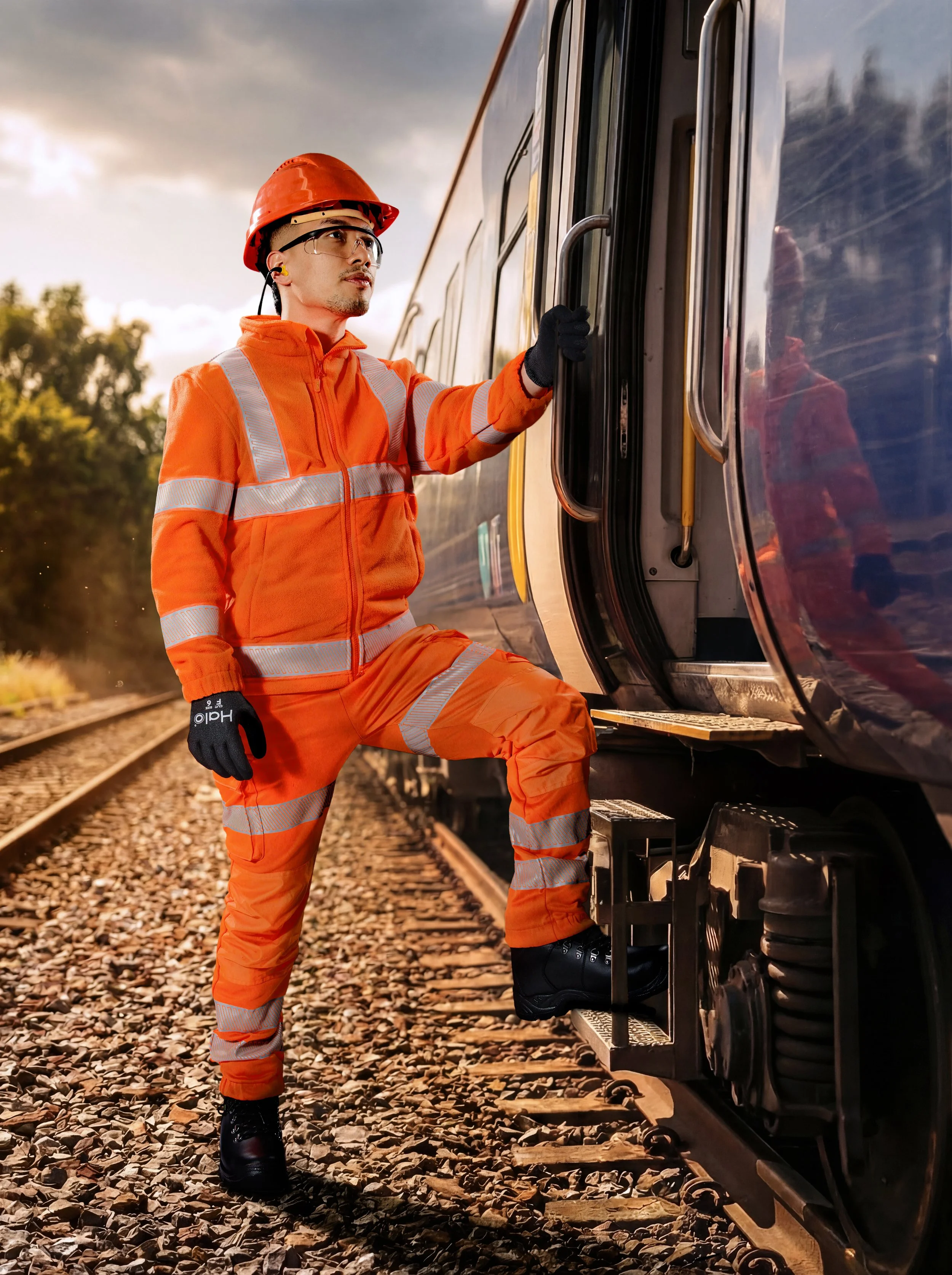Railway photography man getting on a train