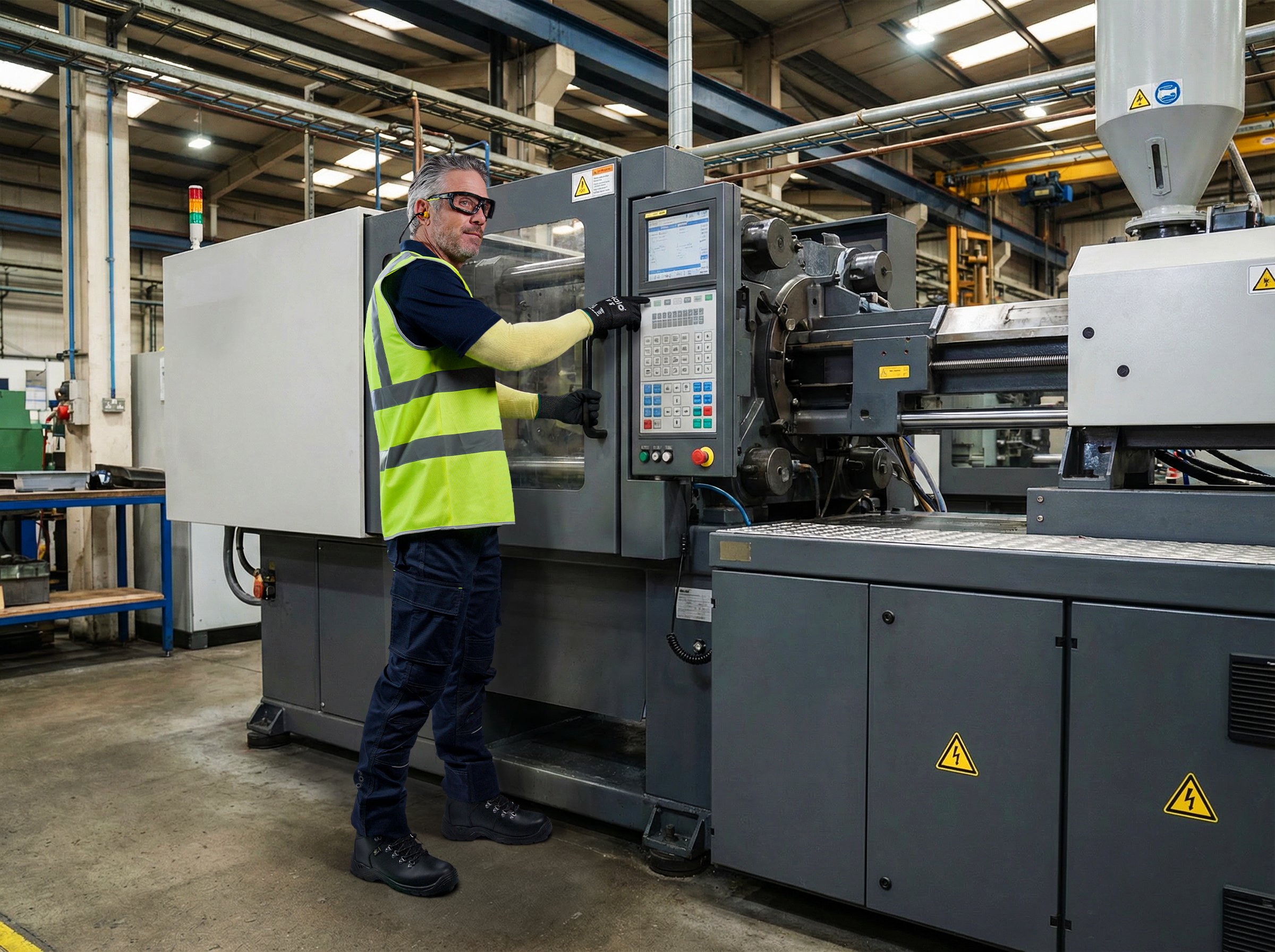 Man operating injection moulding machine