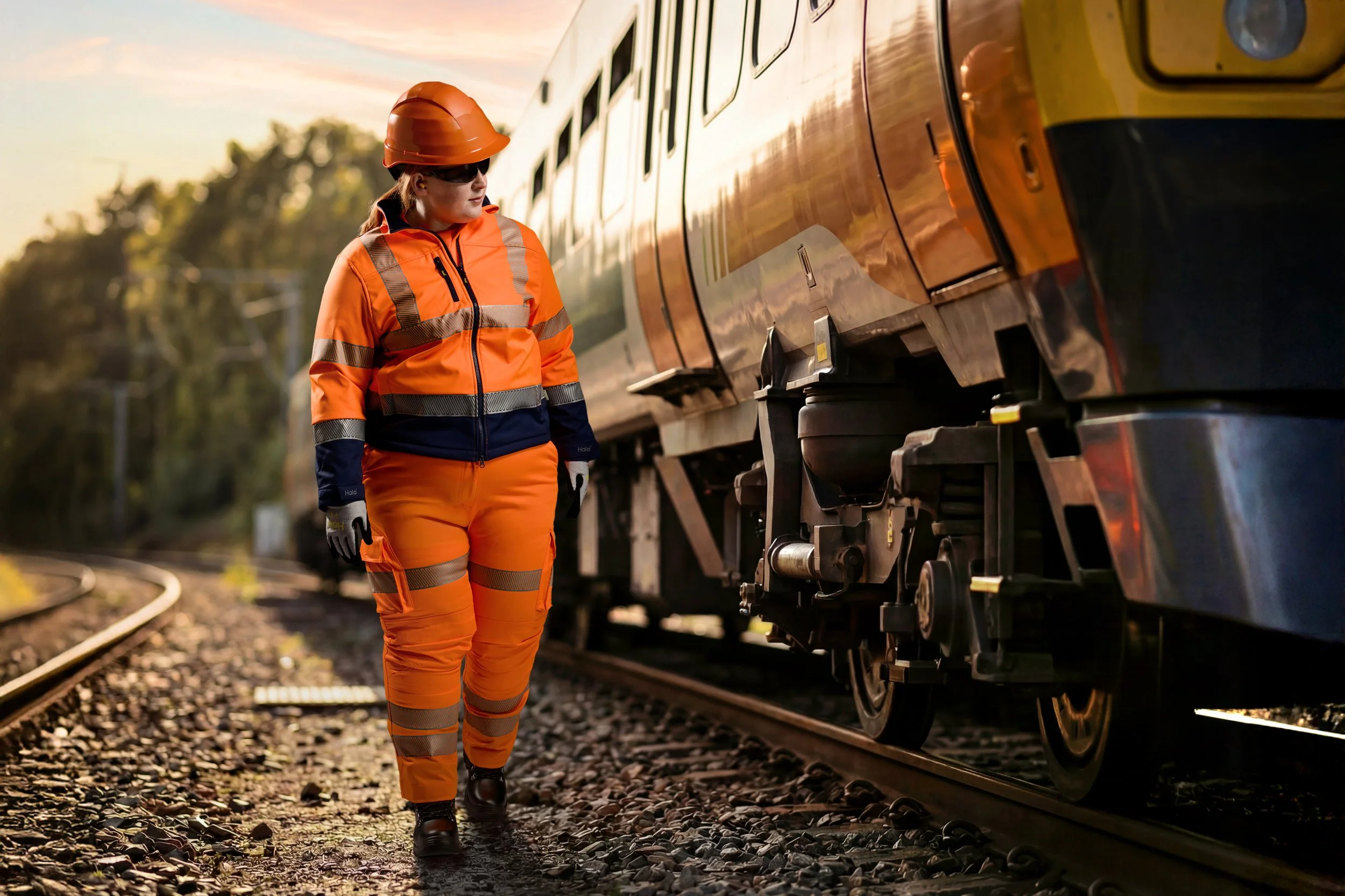 Woman inspecting train