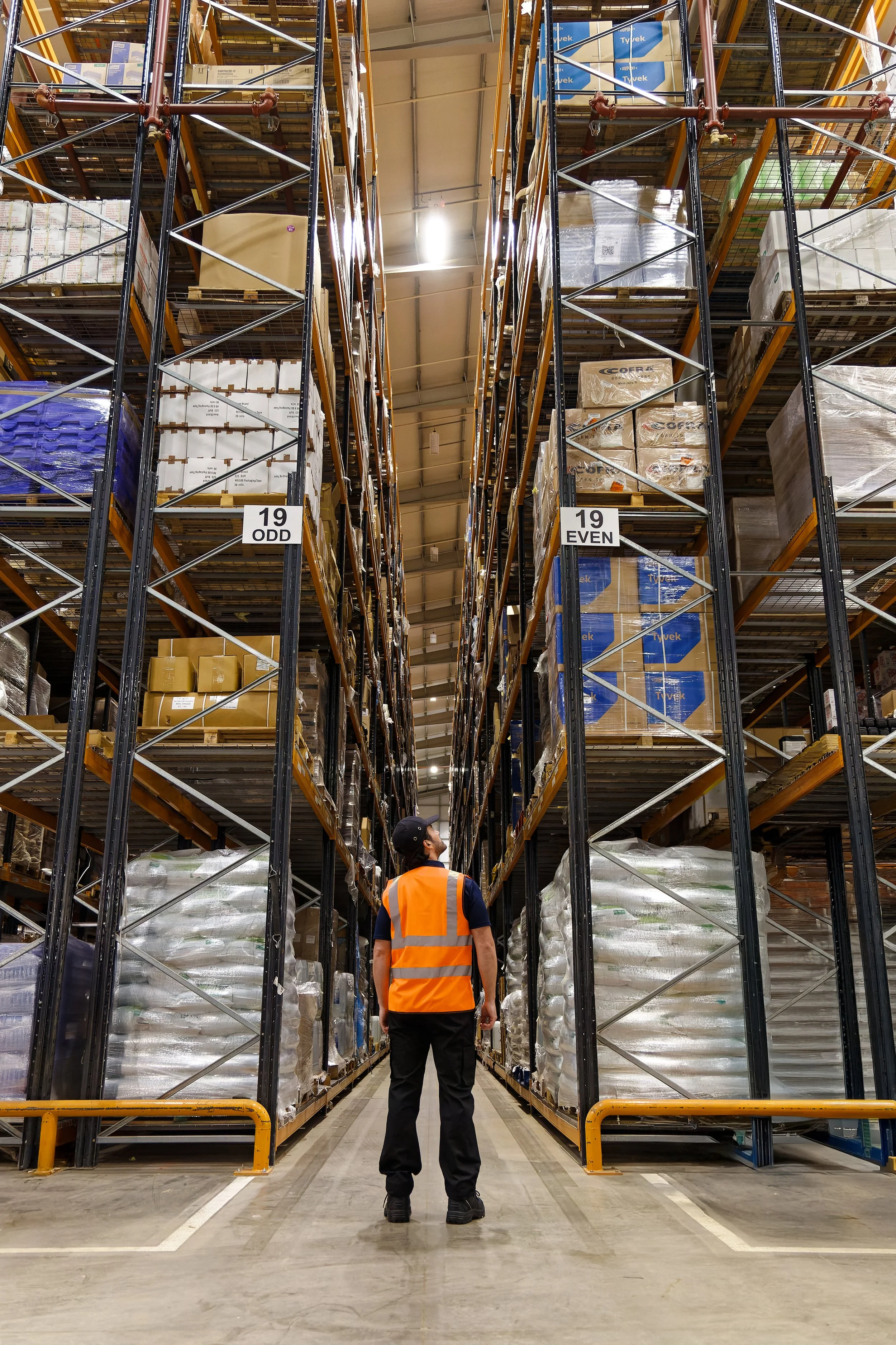 Warehouse photography man and tall shelves