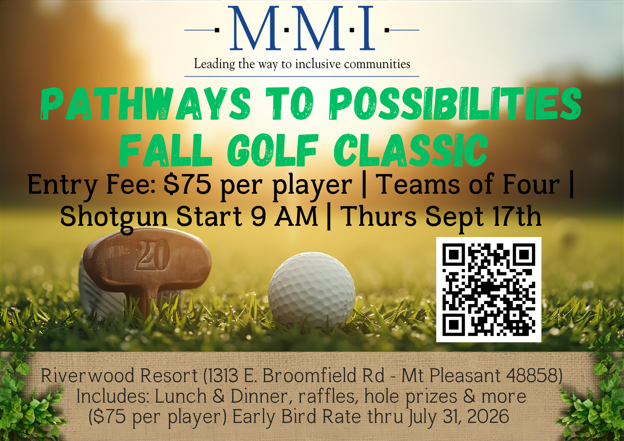 Golf event advertisement with a background of grass and golf balls, featuring text about a fall golf classic, entry fee of $75, date September 17th, and location Riverwood Resort.