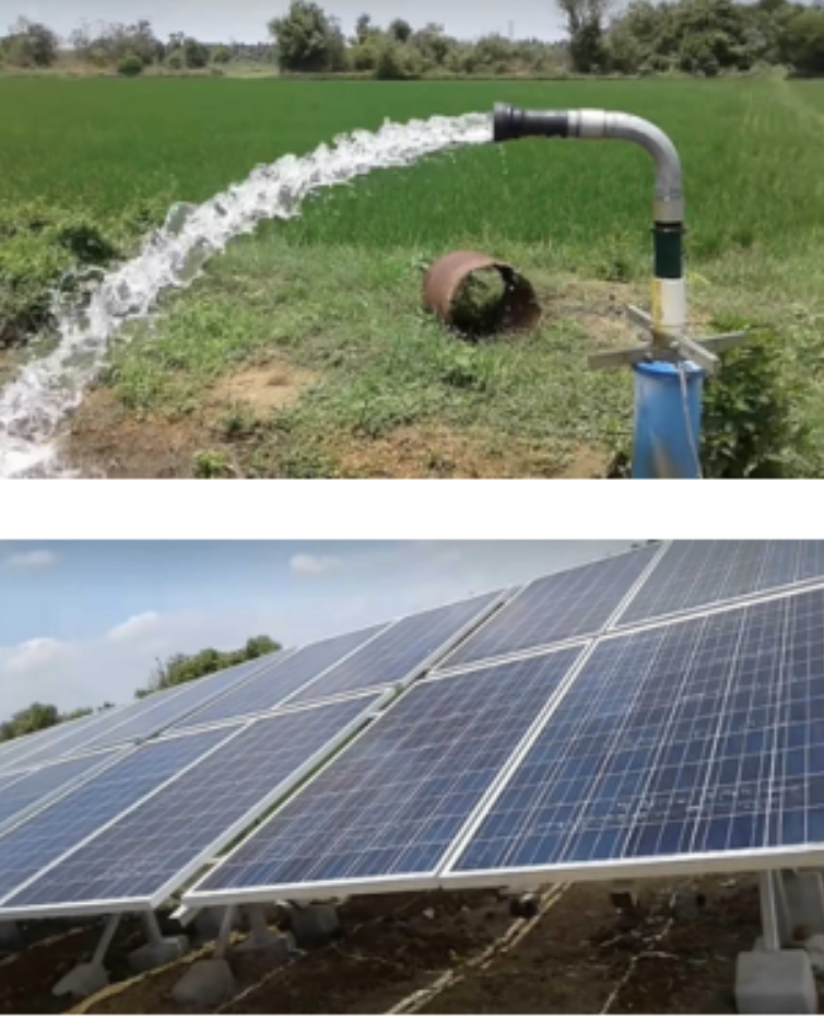 Top image shows a water pump irrigating green farmland, releasing a stream of water. Bottom image displays a solar panel array installed on the ground, likely for solar energy generation.