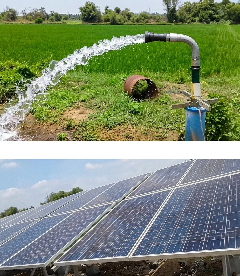 The top image shows a water irrigation system spraying water on a green field, with a rusty pipe and some greenery nearby. The bottom image depicts solar panels outdoors under a blue sky with some clouds.