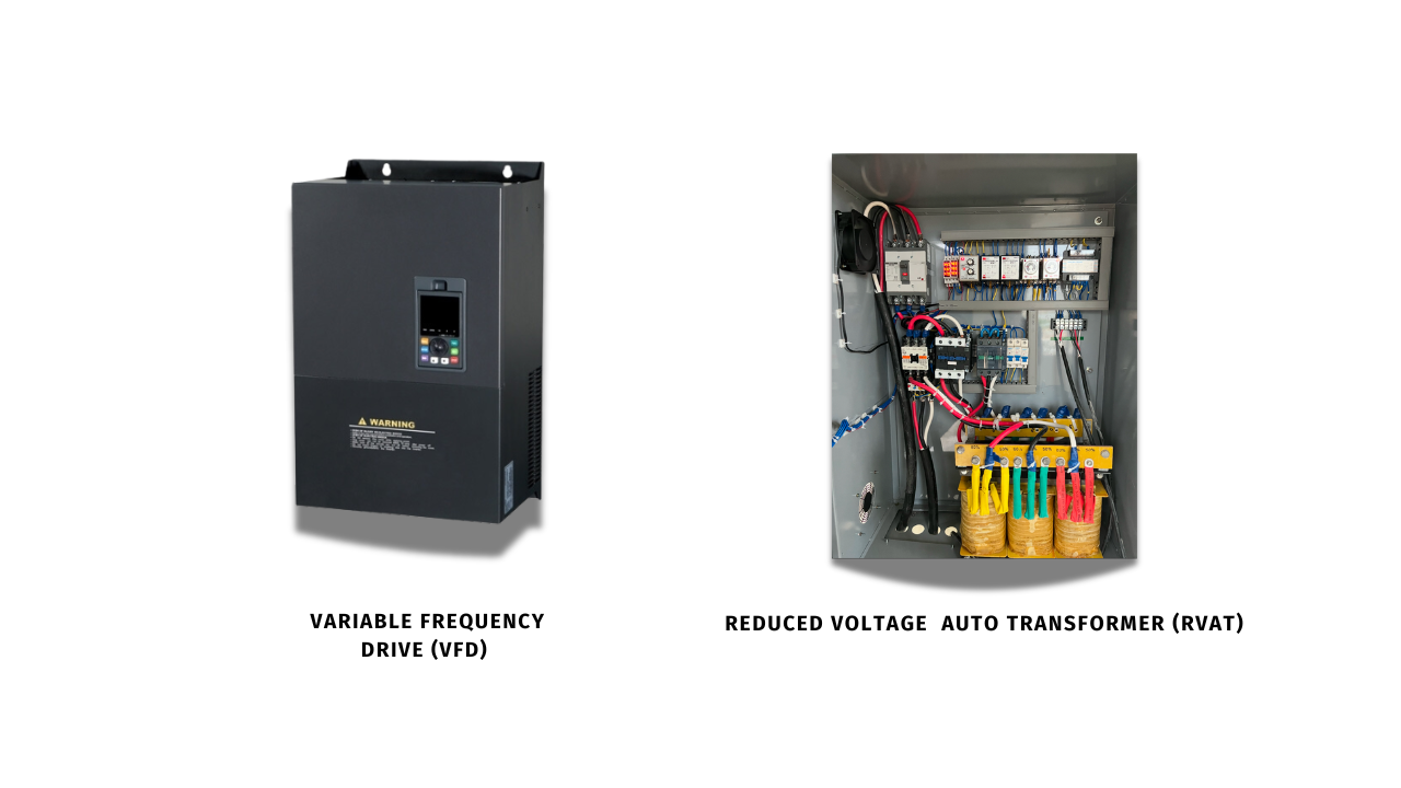 Image of a Variable Frequency Drive (VFD) on the left and an inside view of a Reduced Voltage Auto Transformer (RVAT) on the right.