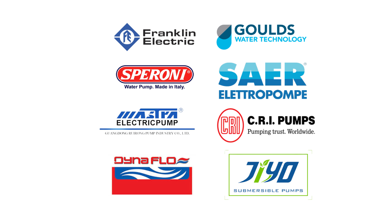 Collection of logos from various water pump and water technology companies, including Franklin Electric, Goulds Water Technology, Speroni, SAER Elettropompe, MASA Electric Pump, C.R.I. Pumps, Dyna Flo, and JiYO Submersible Pumps.