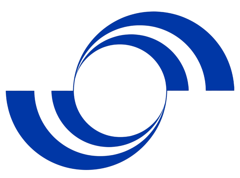 An abstract circular logo with segmented blue sections forming a spiral pattern.