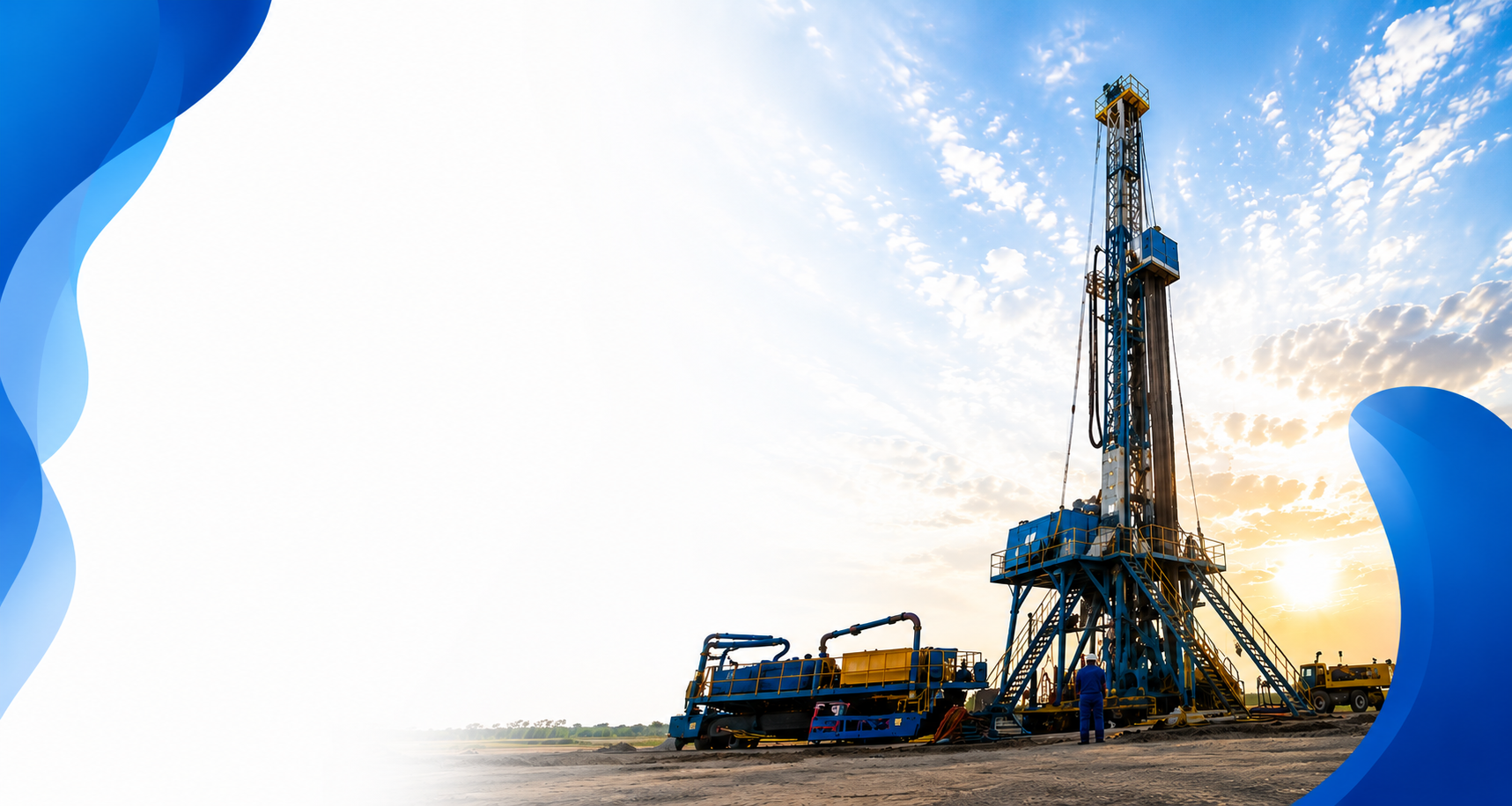 Oil drilling rig on a flat landscape at sunset with a worker standing nearby.