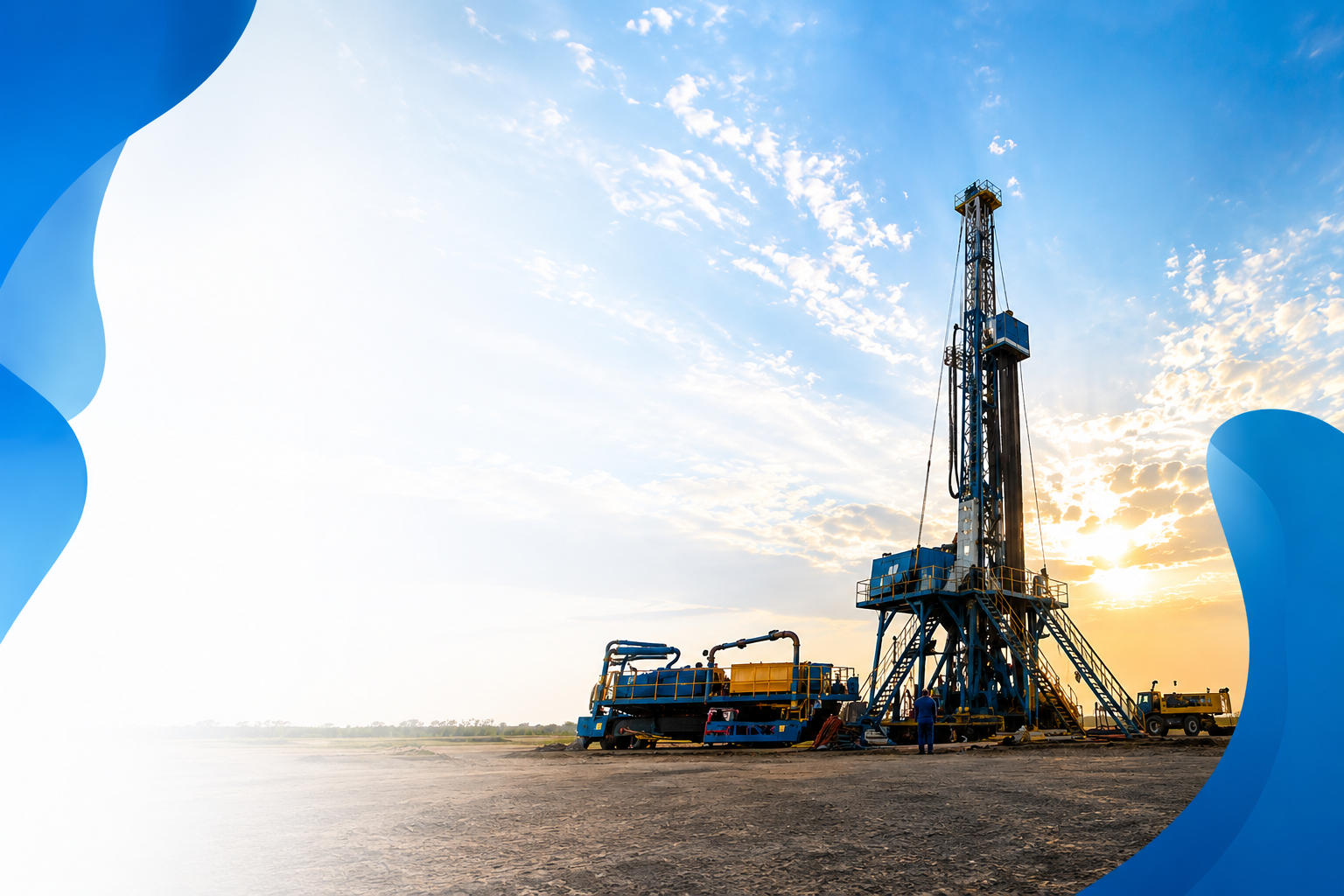 Drilling rig on a dry landscape at sunset with a person standing nearby and infrastructure equipment.
