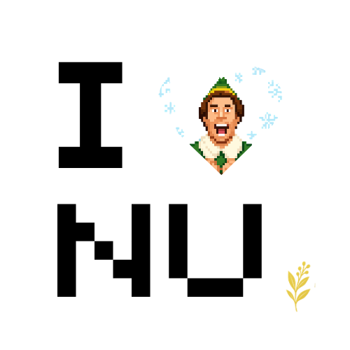Pixel art of a woman with brown hair and a white shirt, smiling and pointing to the right, with a gold wheat illustration in the bottom right corner.