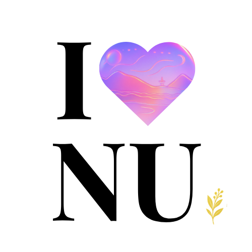 A digital illustration of a heart with a sunset or sunrise landscape inside, featuring a sailboat on the water and mountains, with a starry sky and a large moon or planet. There is a small yellow plant at the bottom right corner.