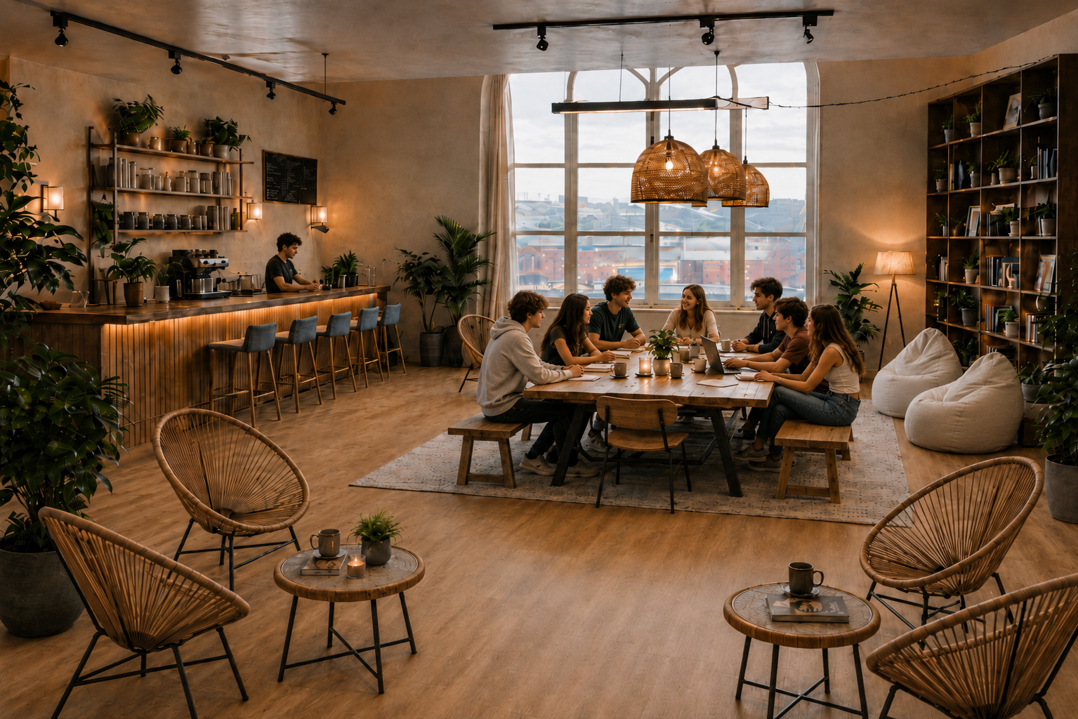 Une scène dans un café ou une salle de réunion, avec un groupe de neuf jeunes assis autour d'une grande table en bois, en train de discuter ou de travailler, tout en étant éclairés par des lampes suspendues en rotin. À l'arrière, un bar avec un barista prépare une boisson, et le décor est rempli de plantes d'intérieur. Il y a aussi des fauteuils en rotin autour de petites tables, une grande fenêtre laissant entrer la lumière naturelle, et des étagères remplies de livres et de plantes.