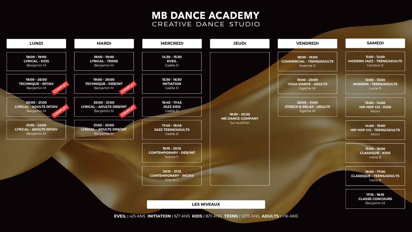 Programme hebdomadaire de l'académie de danse MB Dance Academy, affichant différents cours pour enfants, adolescents et adultes, avec horaires et instructeurs pour chaque jour de la semaine.