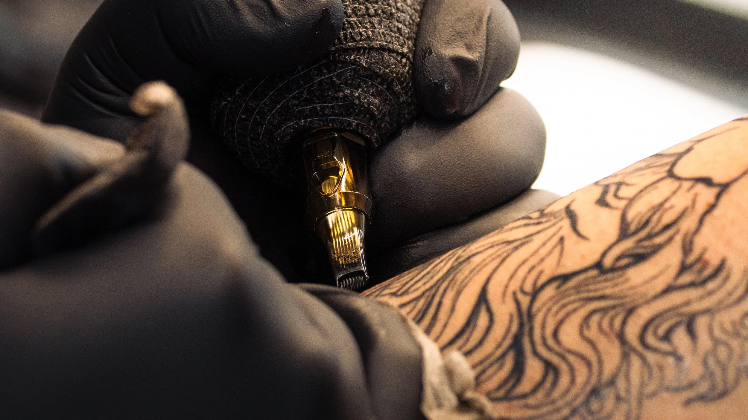 A tattooed arm being tattooed with a tattoo machine by an artist wearing black gloves.