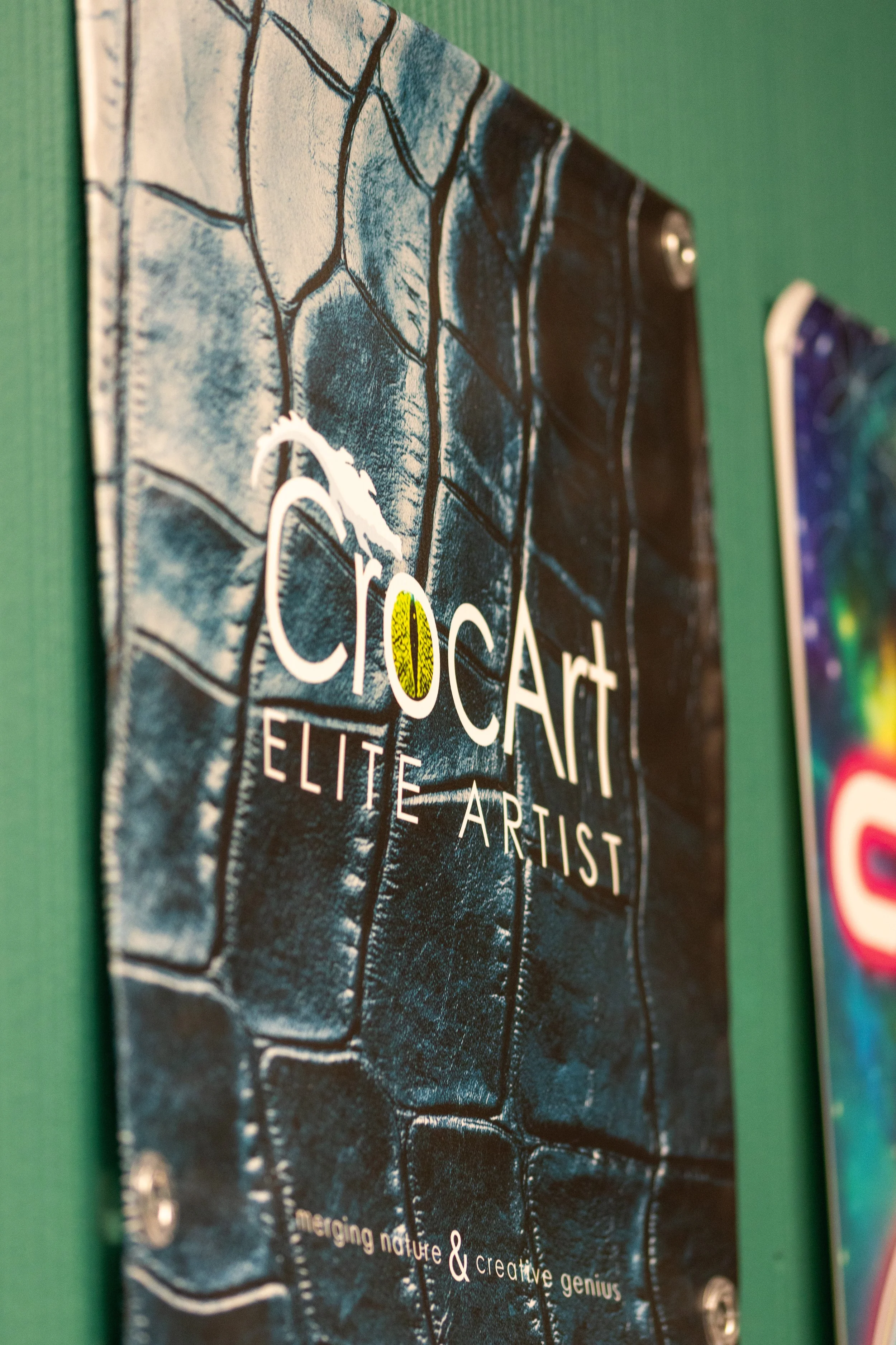 Close-up photo of a book cover titled 'Crockart' with a geological stone pattern background, hanging on a green wall.