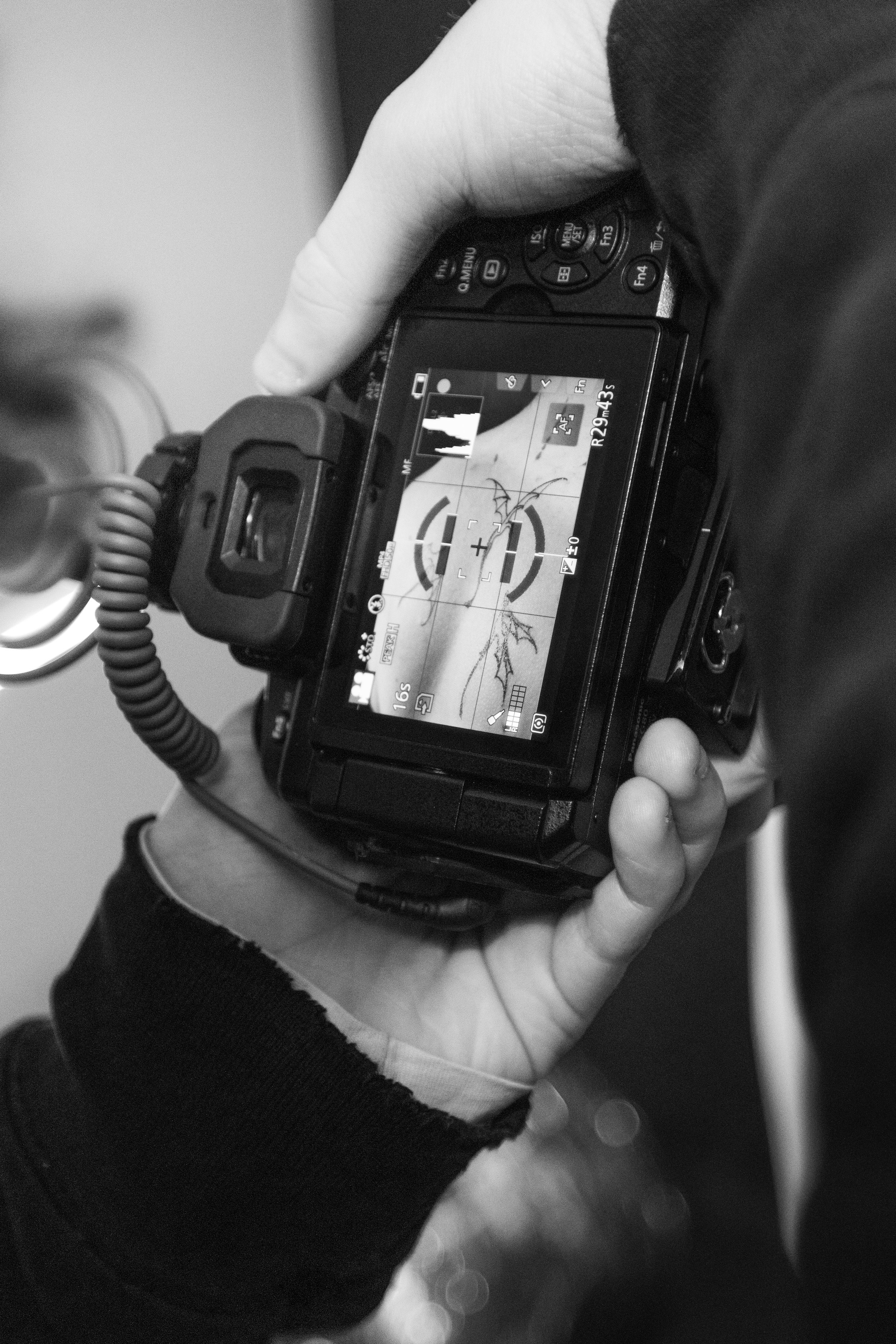 A person holding a digital camera with the camera's LCD screen displaying a photo of a mountain landscape.