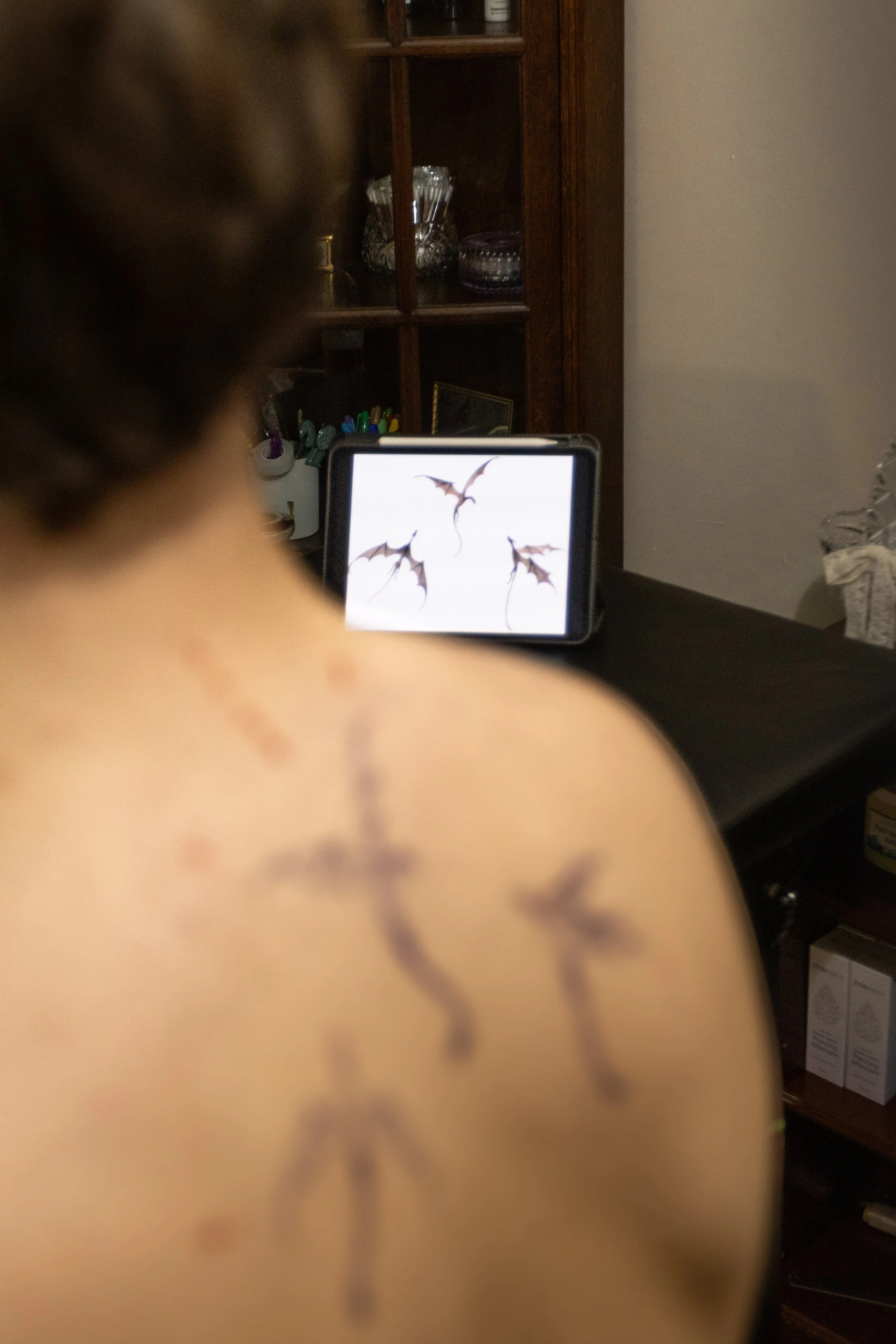A person is sitting at a desk with a tablet displaying a drawing of three bats, partially visible in the foreground.