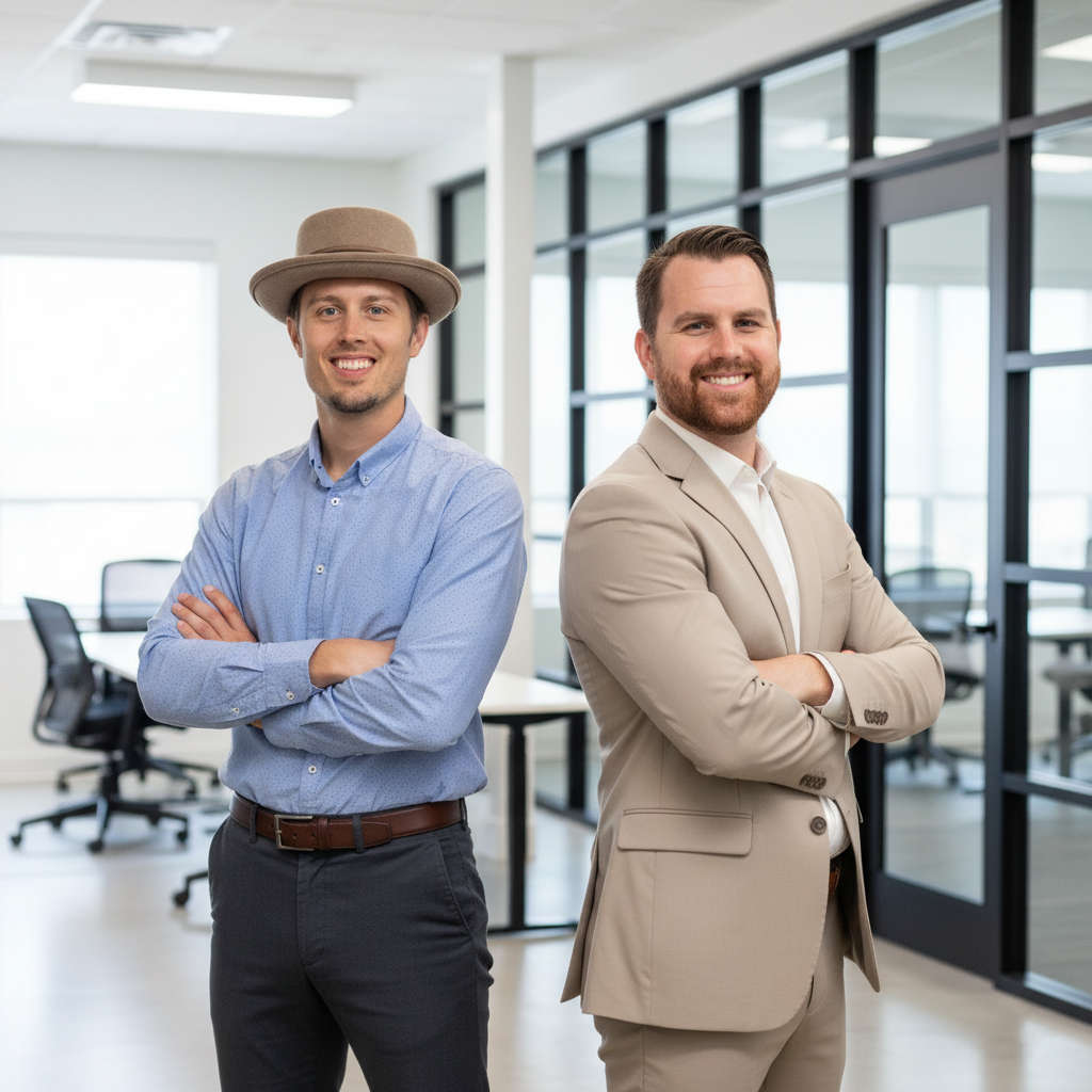 Two men standing in an office, smiling with arms crossed, with desks and glass walls behind them.