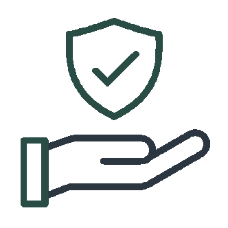 A hand holding a shield with a checkmark inside, symbolizing protection or security.