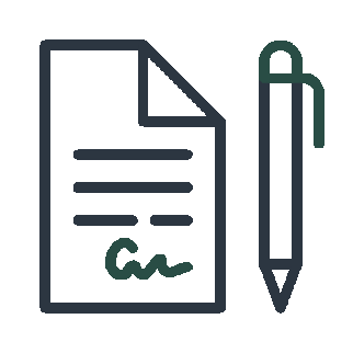 A document with lines of text and a signature at the bottom, next to a pen, indicating signing or writing.
