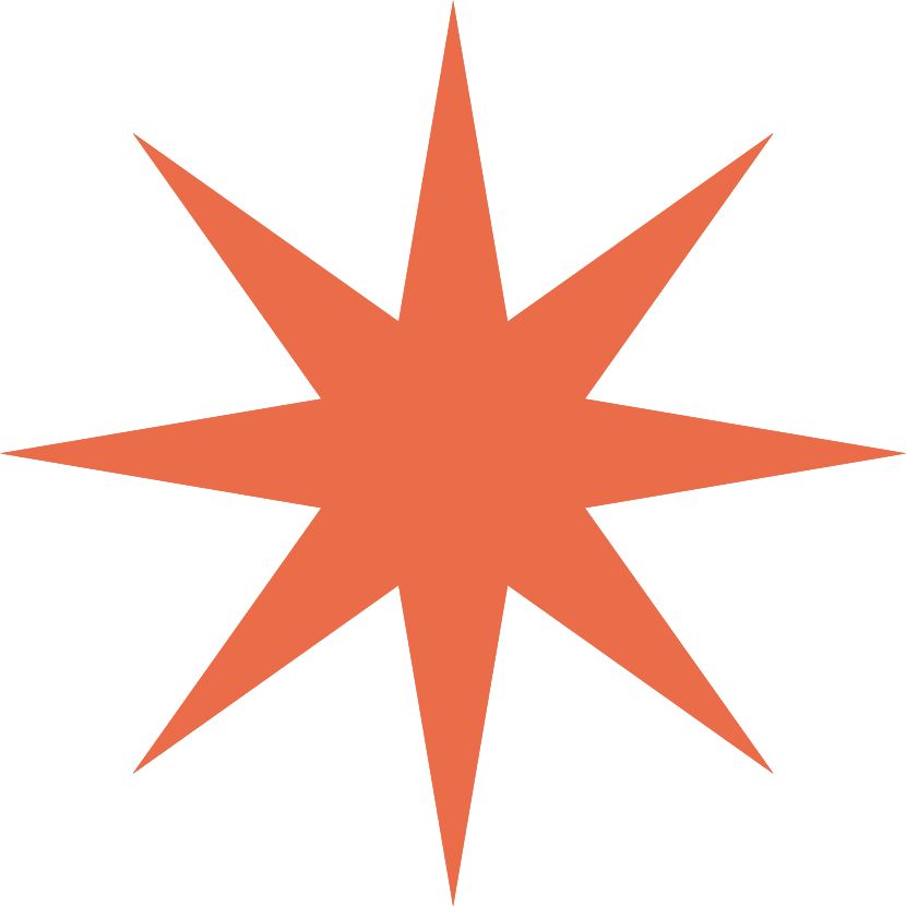 A large, eight-pointed star shape in a reddish-orange color on a white background.
