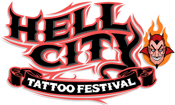 Logo for Hell City Tattoo Festival featuring stylized text and a cartoon devil with flames.