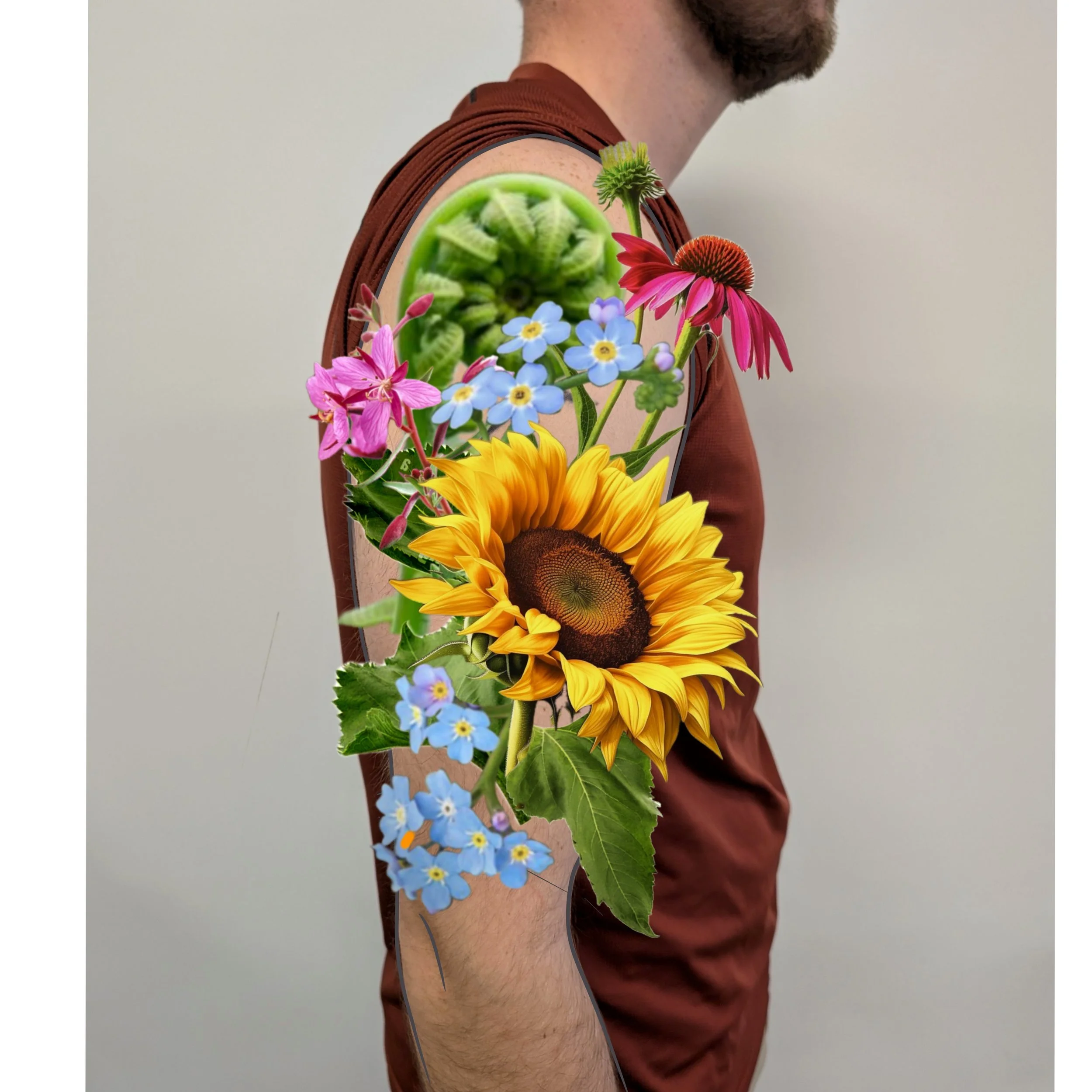 A man's shoulder and arm are visible, with a collage of colorful flowers, including sunflowers, pink, blue, and green blossoms, overlapping his arm and part of his body.