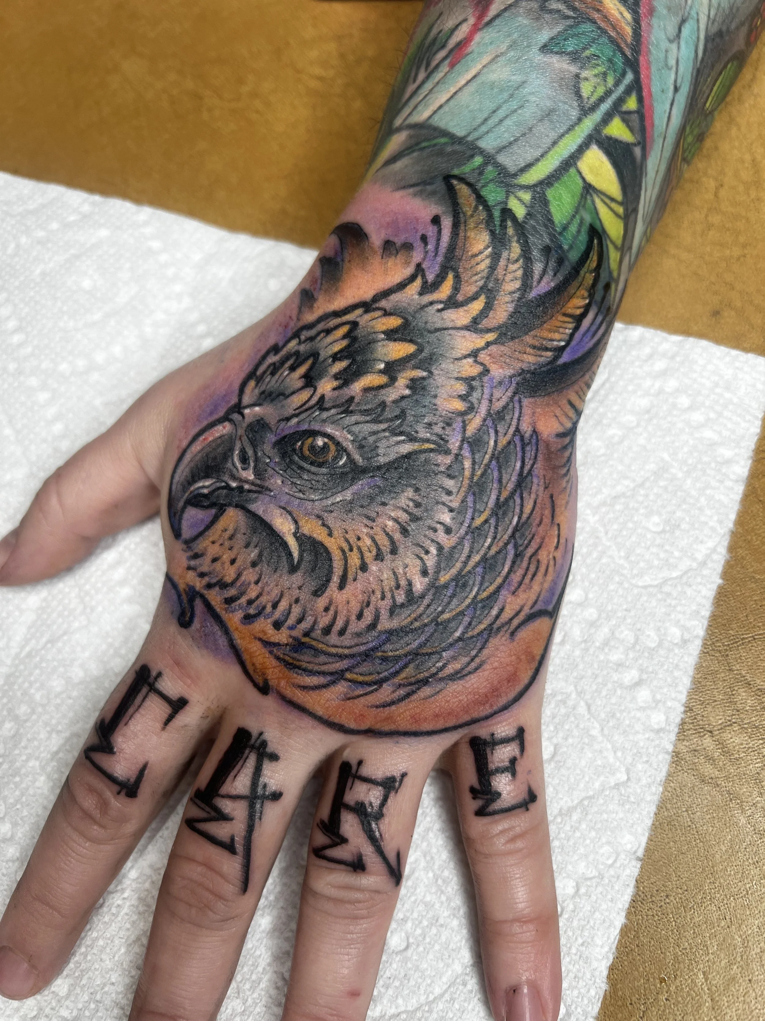 A detailed tattoo of a bird, possibly a hawk or eagle, on a person's hand and wrist. The tattoo features vibrant colors, black outlines, and intricate shading.