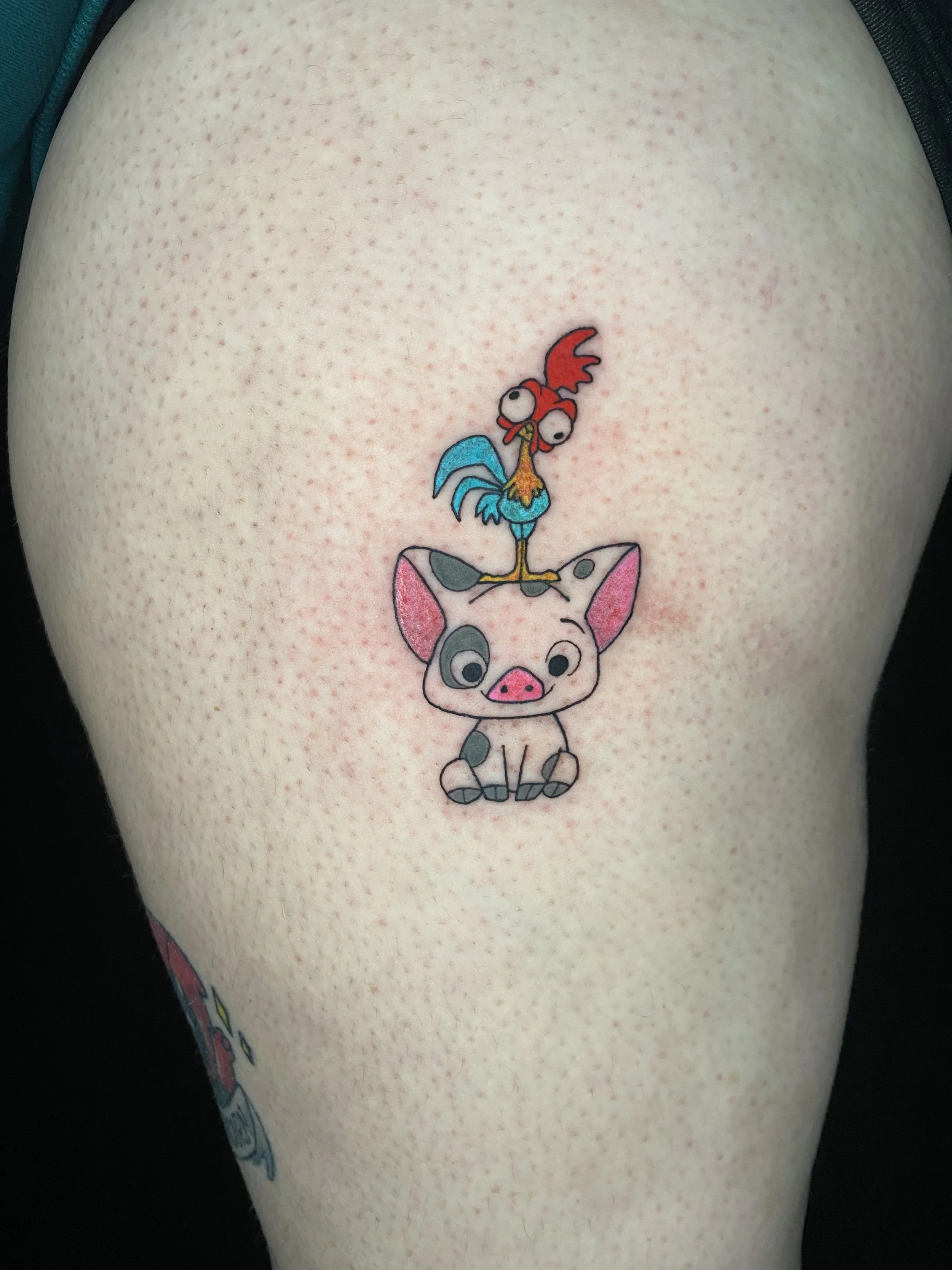 Colorful tattoo of a cartoon pig and a colorful bird on a person's arm.