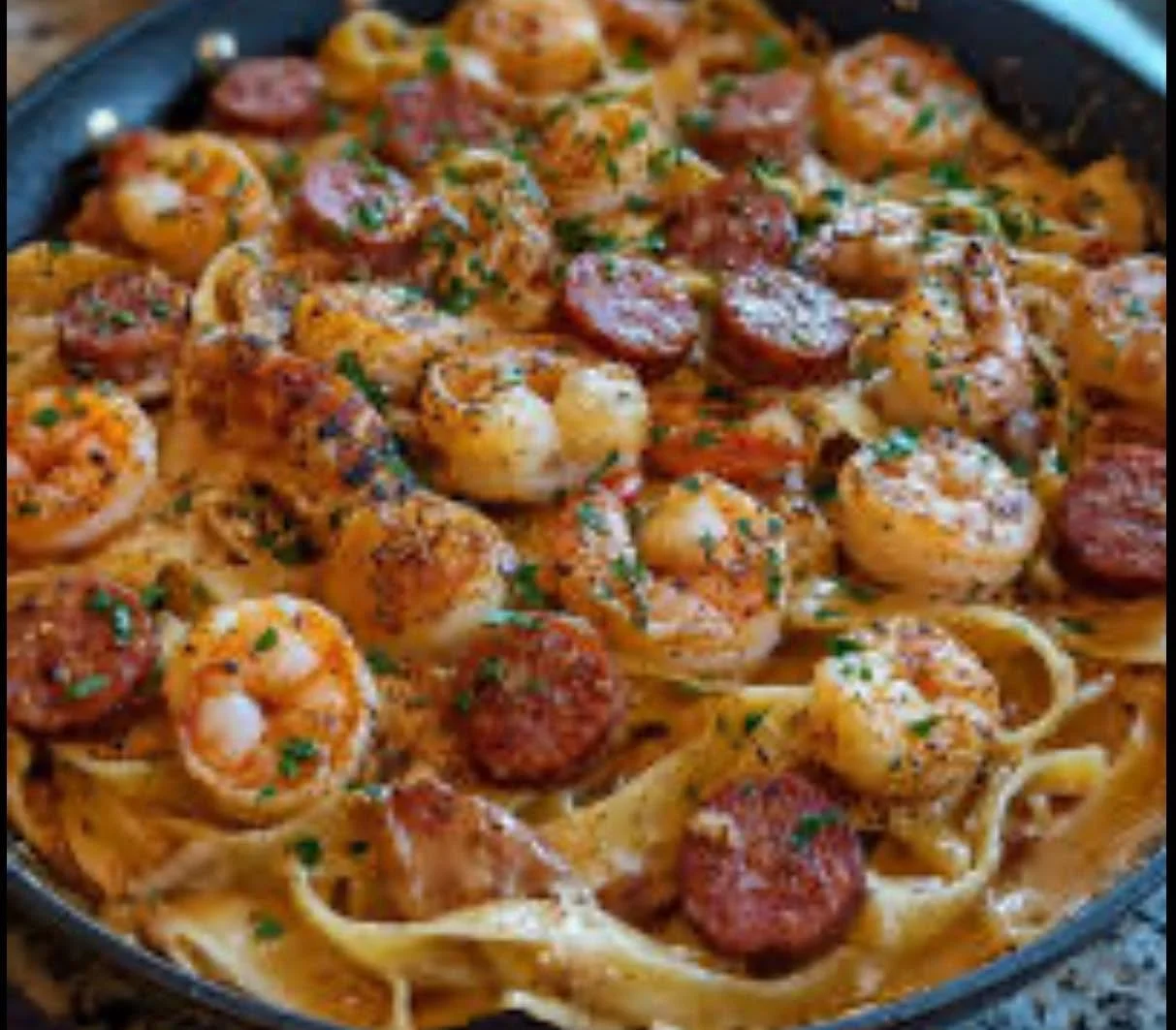 A skillet of shrimp scampi with sliced sausage, garnished with chopped herbs.