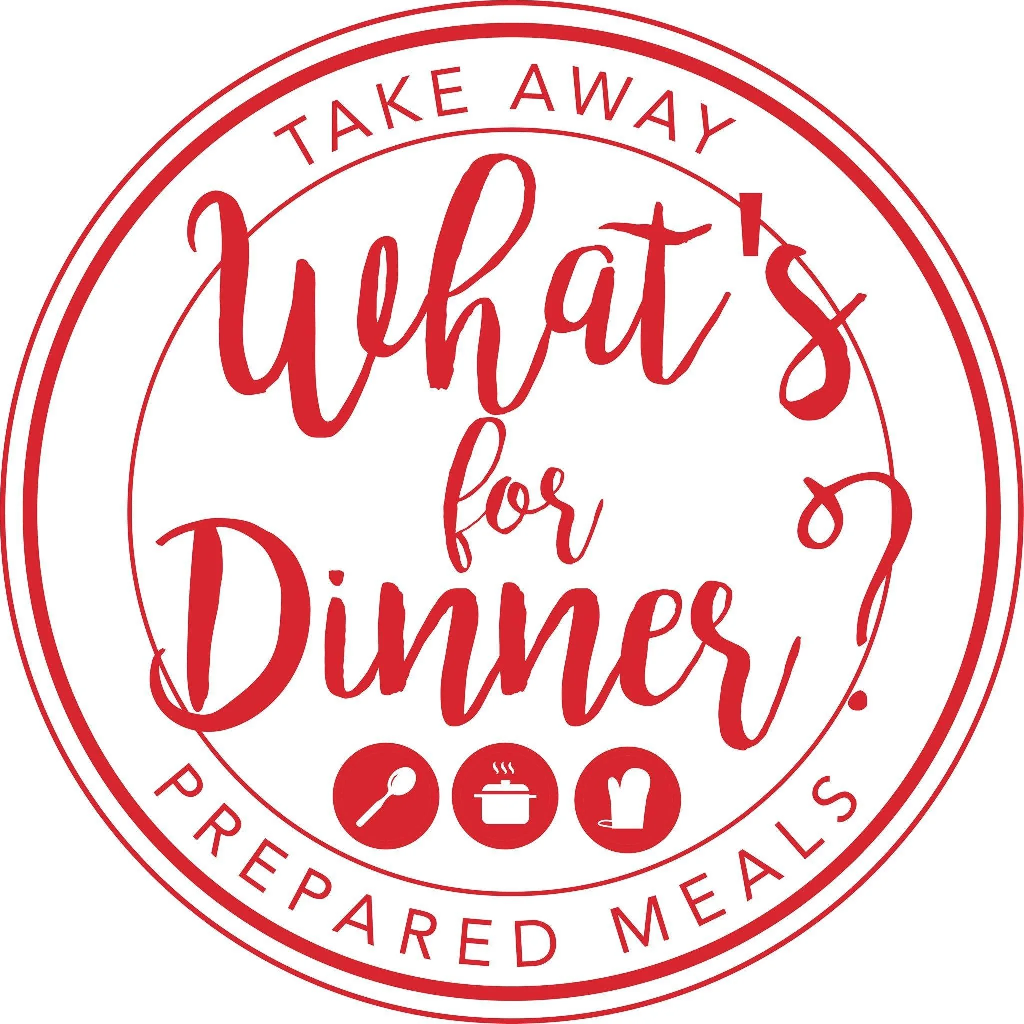 Red circular graphic with the text 'Take Away' at the top and 'Prepared Meals' at the bottom. Inside, icons of a spoon, a takeout container, and a steaming cup are arranged.