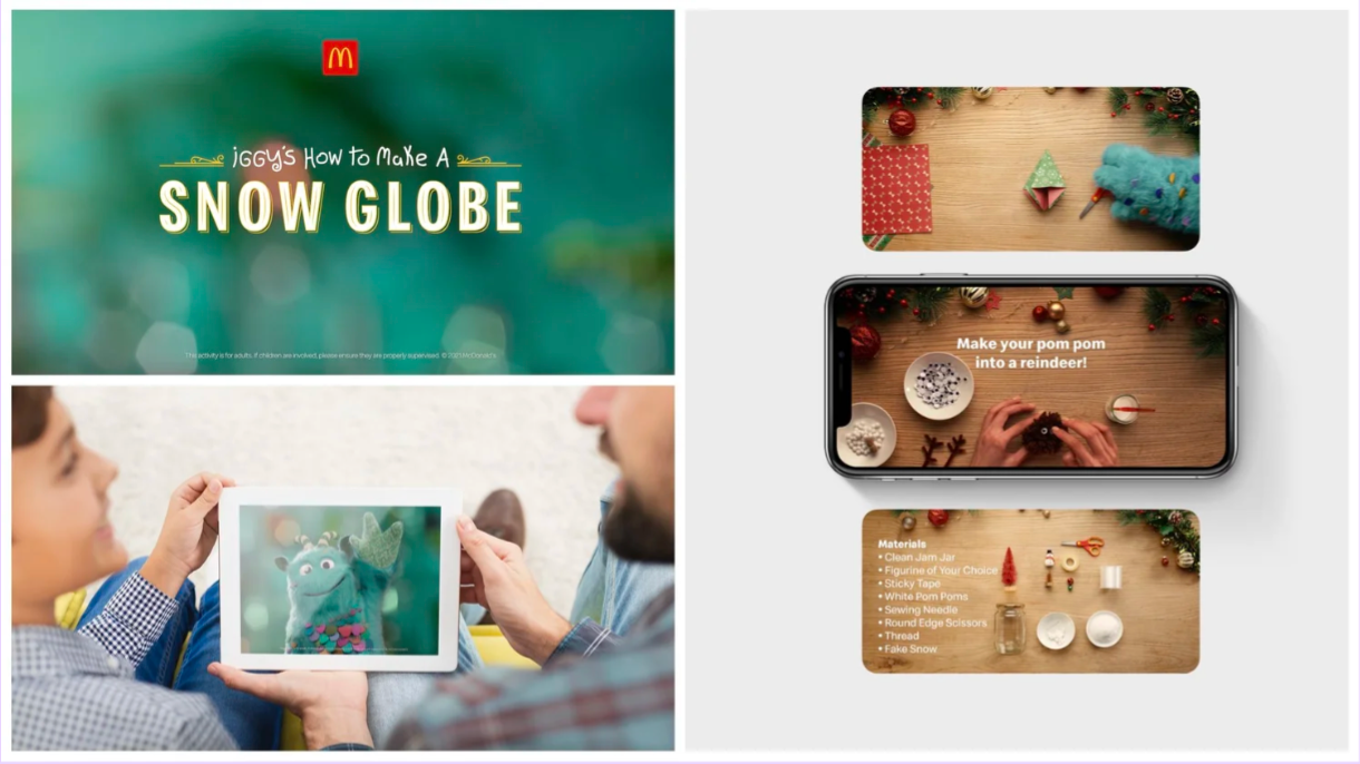 A tutorial on how to make a snow globe, featuring a visual of materials such as a clean jam jar, figurine of a reindeer, sticky tape, white pom poms, sewing needle, round edge scissors, thread, and fake snow. The process appears on a smartphone screen, with two people holding a photo of a finished stuffed animal snowman.