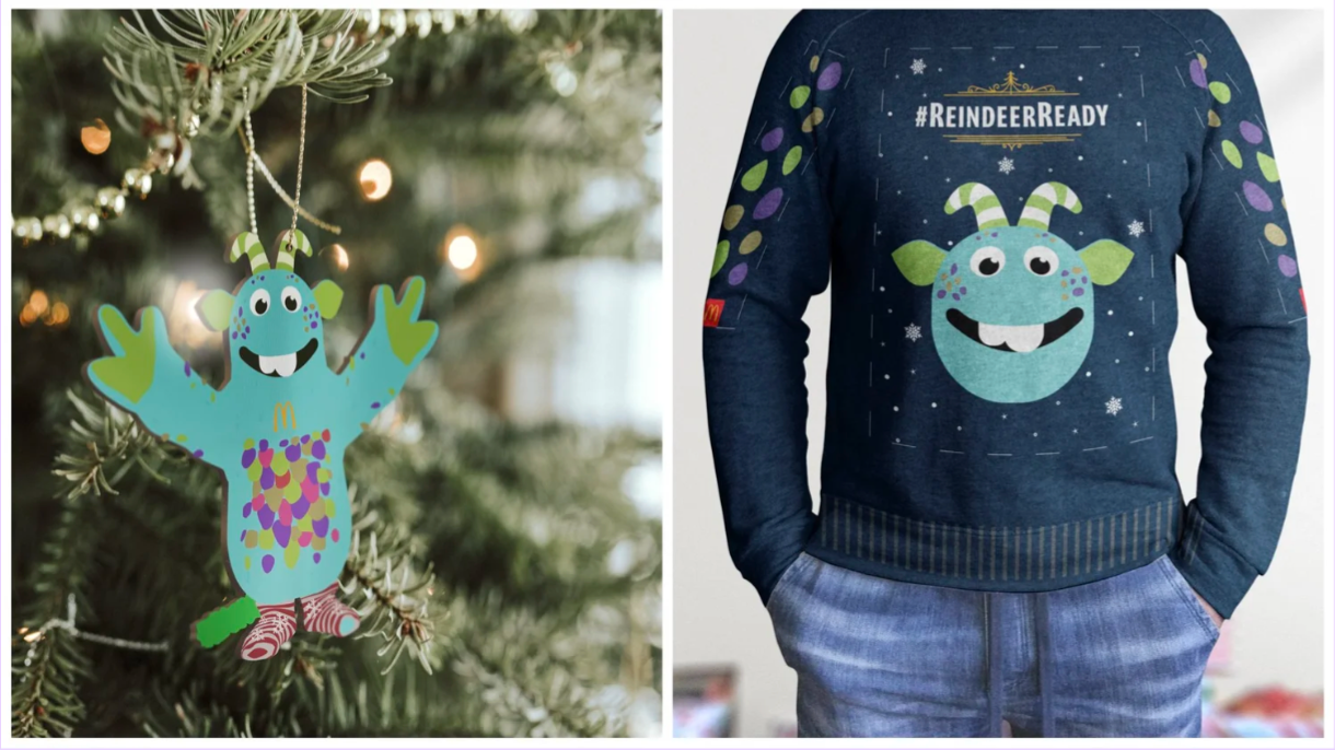 A decorated Christmas tree with a festive monster ornament and a person wearing a holiday sweater featuring a monster face with the hashtag #ReindeerReady.