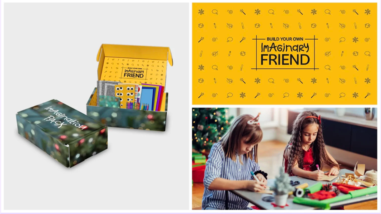 A holiday craft kit box labeled "Imagination Pack" with art supplies, and two girls making holiday crafts at a table with a decorated Christmas tree in the background.