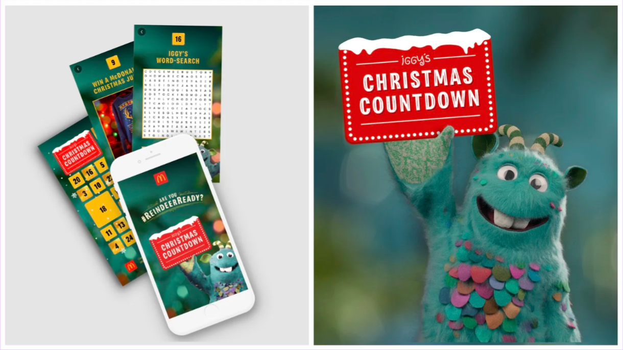 A monster character with green fur, colorful scales, and striped horns, holding a red sign that says "Christmas Countdown" for a holiday event.